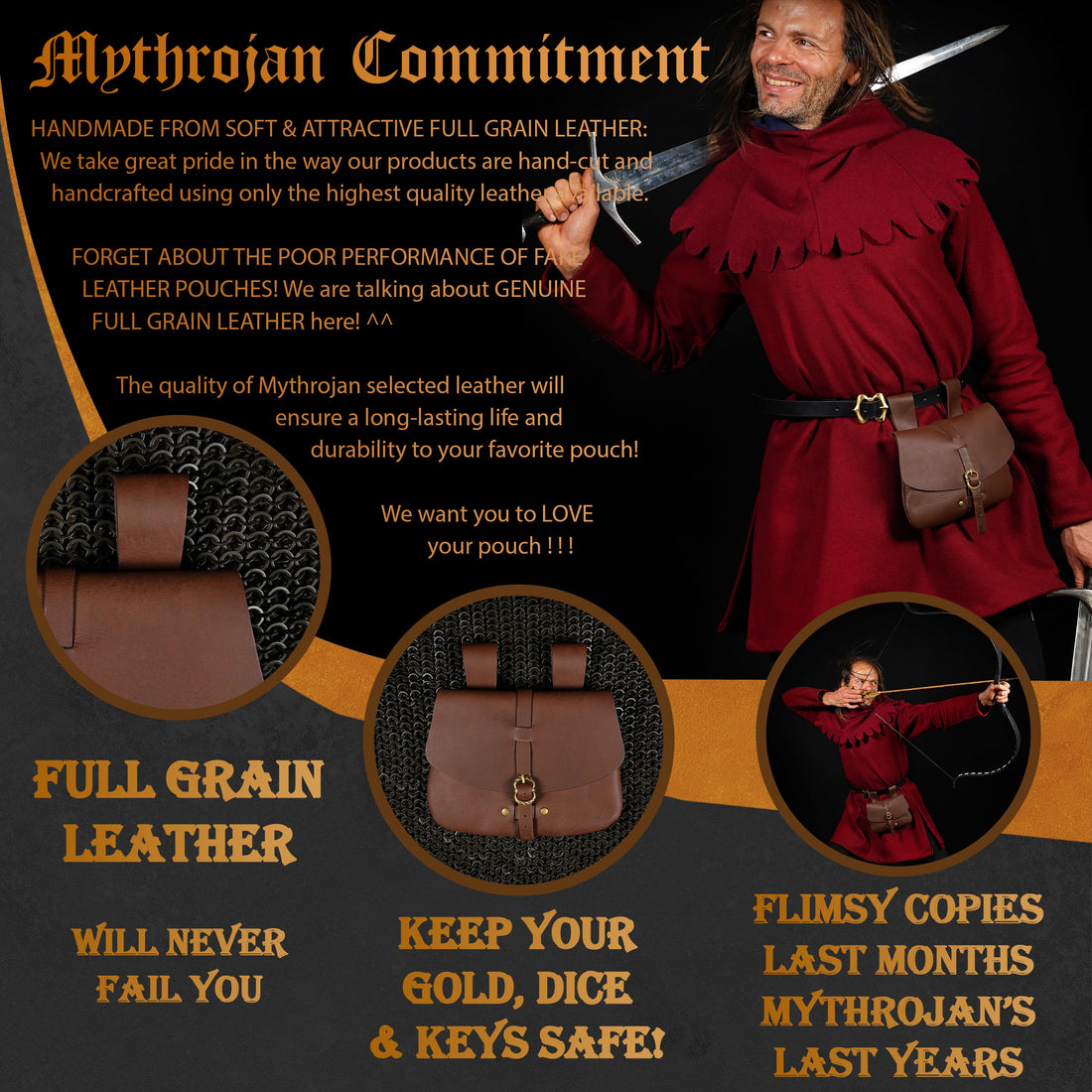 Mythrojan Medieval Leather Bag, Ideal for SCA LARP Reenactment &amp; Ren fair , Full Grain Leather, Brown 6.2 ”× 7 ”