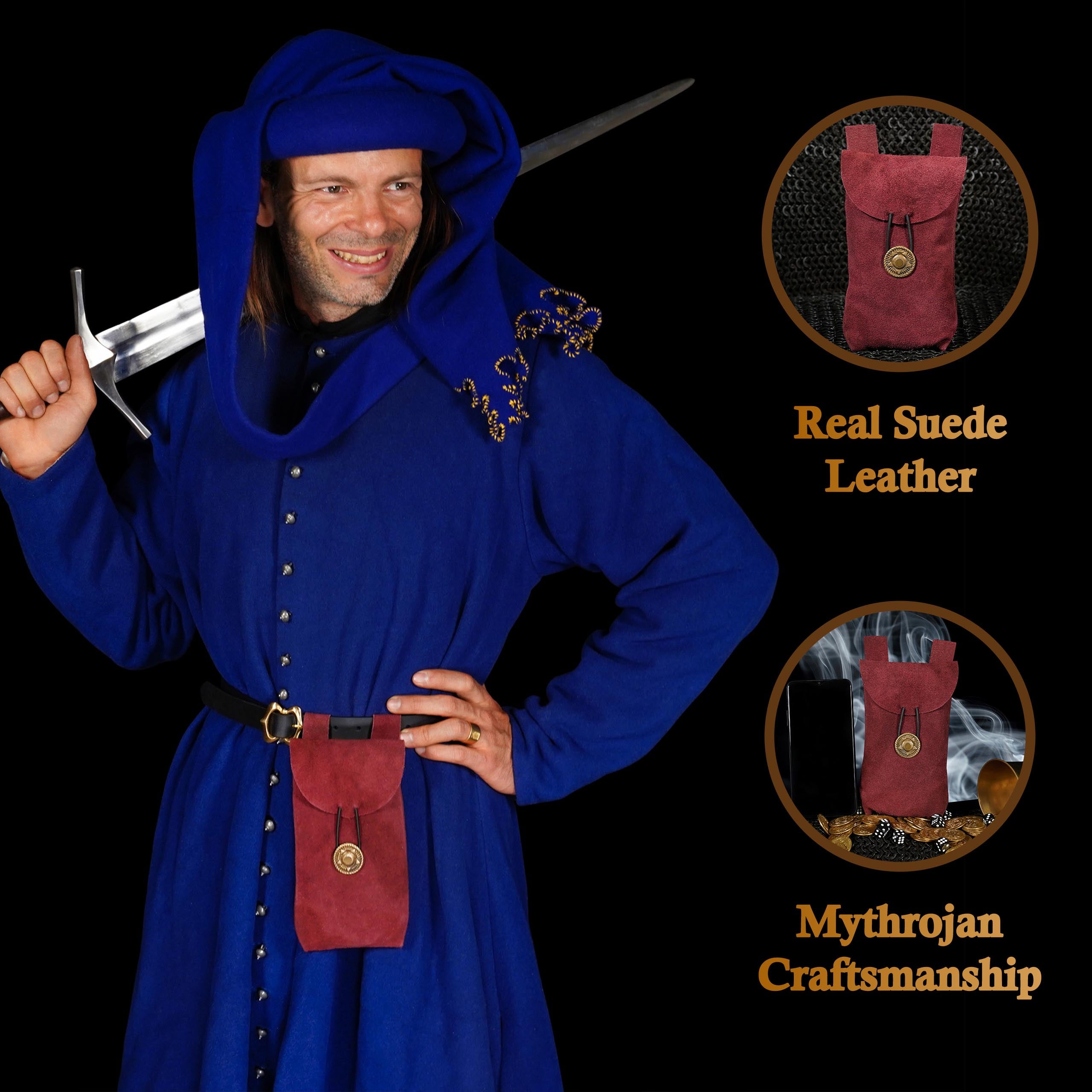 Mythrojan Suede Belt Bag, Ideal for SCA LARP Reenactment &amp; Ren fair, Suede Leather, Wine Red , 7.2 ”× 4.7 ”