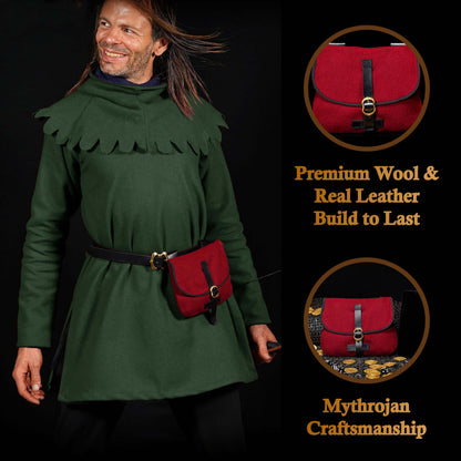 Mythrojan Late Medieval Belt Bag, Ideal for SCA LARP Reenactment &amp; Ren fair, Full Grain Leather and Wool , Maroon , 6.2 ”× 7&quot;