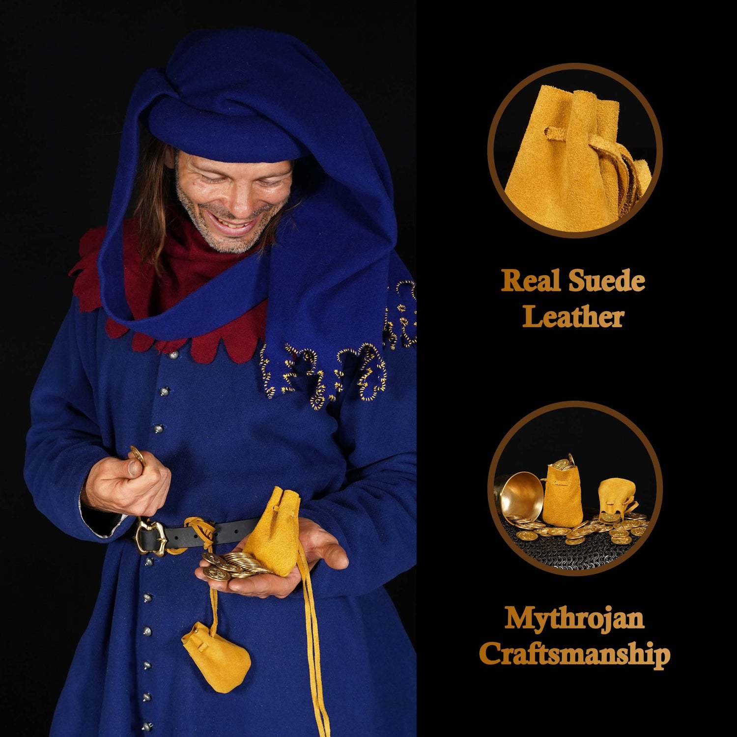 Mythrojan Pair of Medieval Drawstring Pouches, Ideal for SCA LARP Reenactment &amp; Ren fair - Suede Leather, Yellow