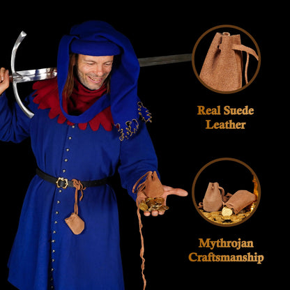 Mythrojan Pair of Medieval Drawstring Pouches, Ideal for SCA LARP Reenactment &amp; Ren fair - Suede Leather, Brown