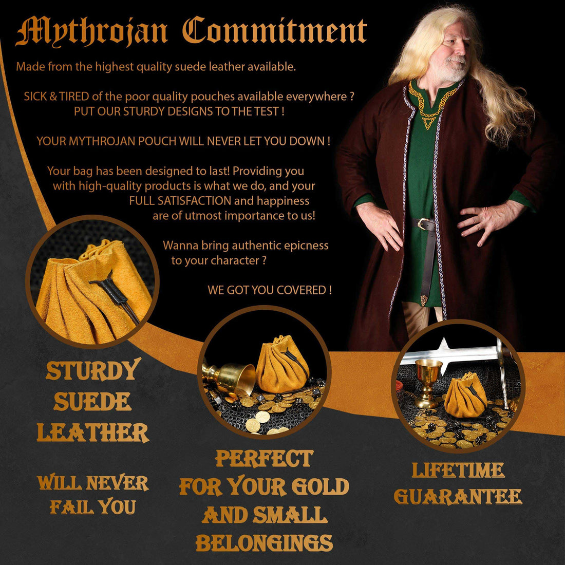 Mythrojan “ Gold and Dice ” Medieval Drawstring Pouch , Ideal for SCA LARP Reenactment &amp; Ren fair : Suede Leather Bag , 3.5”
