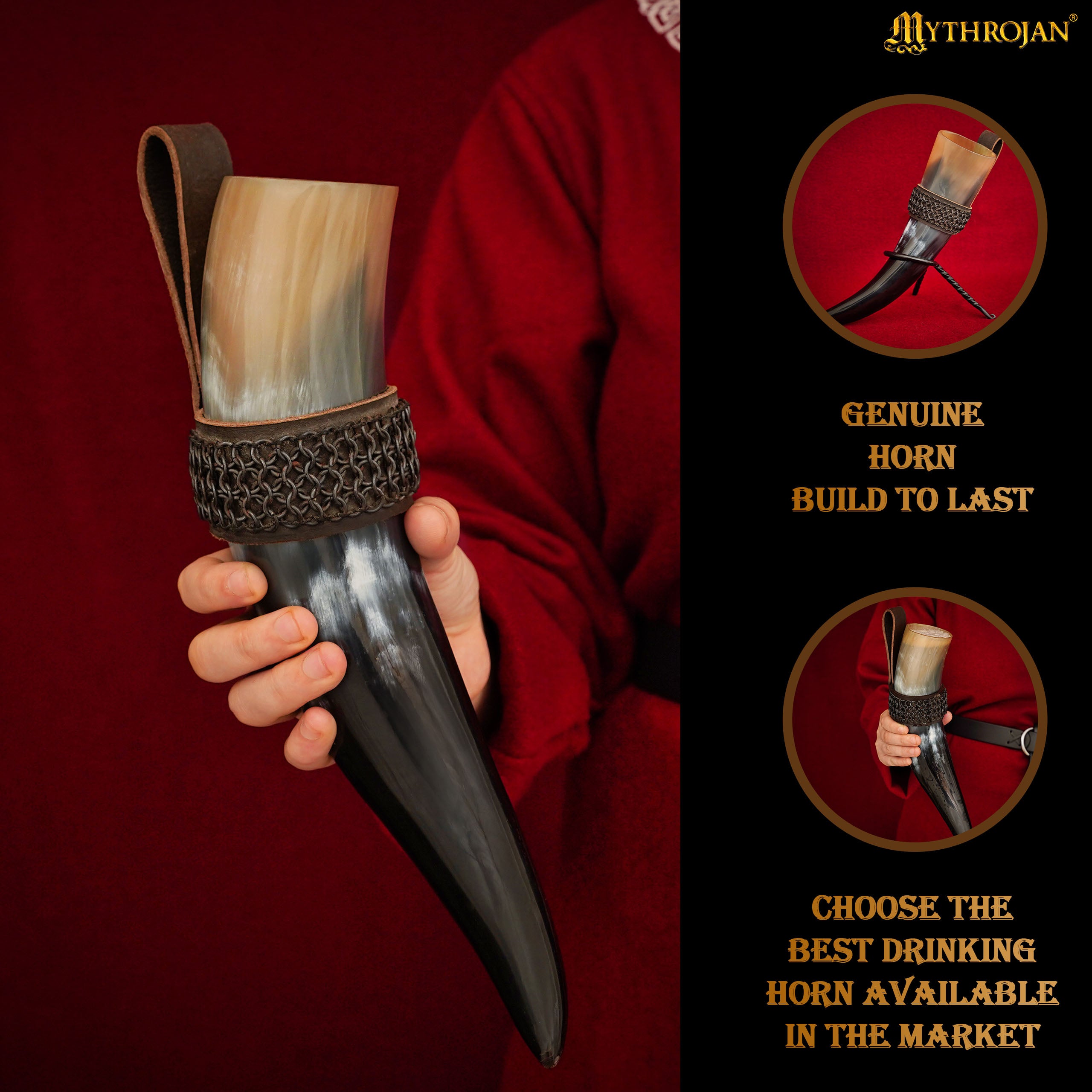 Mythrojan THE WITCHER COMPANION Viking Drinking Horn with Brown Leather Holder Authentic Medieval Inspired Viking Wine/Mead Mug - Polished Finish