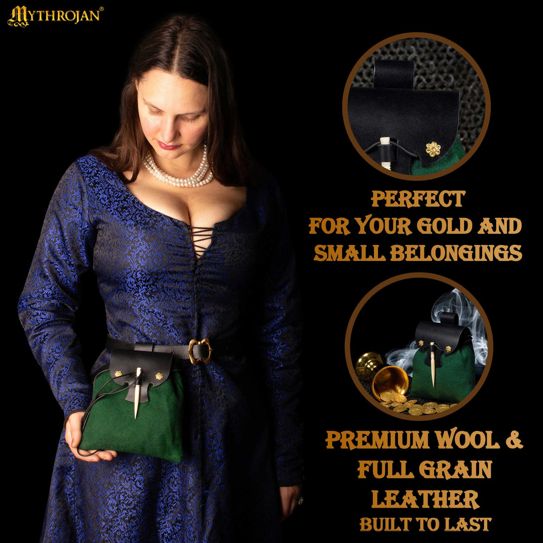 Mythrojan “Gold and Dice” Medieval Fantasy Belt Bag with Bone Needle Closure, Ideal for SCA LARP reenactment &amp; Ren fair, Black and Green, 7”×7”