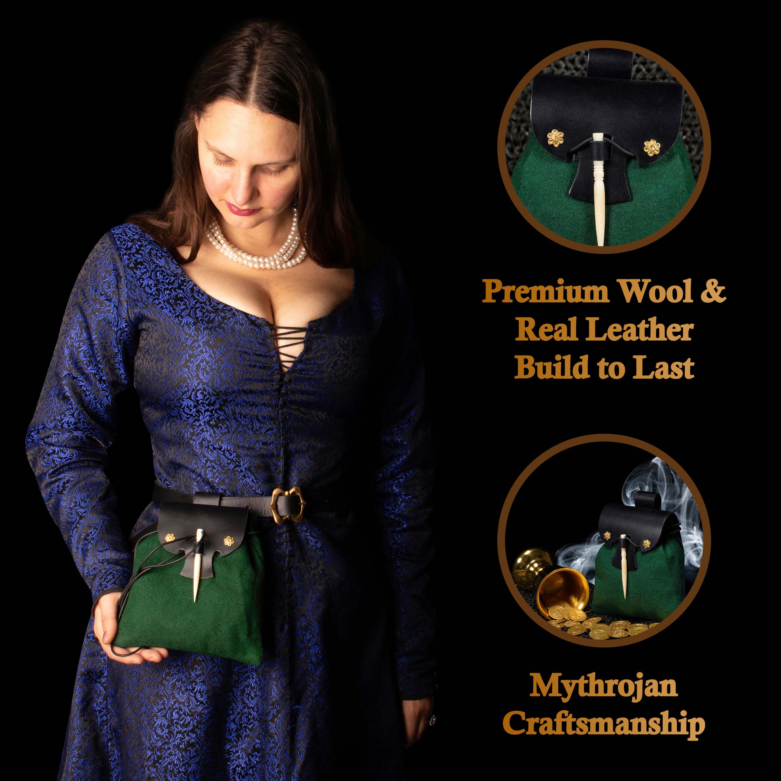 Mythrojan “Gold and Dice” Medieval Fantasy Belt Bag with Bone Needle Closure, Ideal for SCA LARP reenactment &amp; Ren fair, Black and Green, 7”×7”