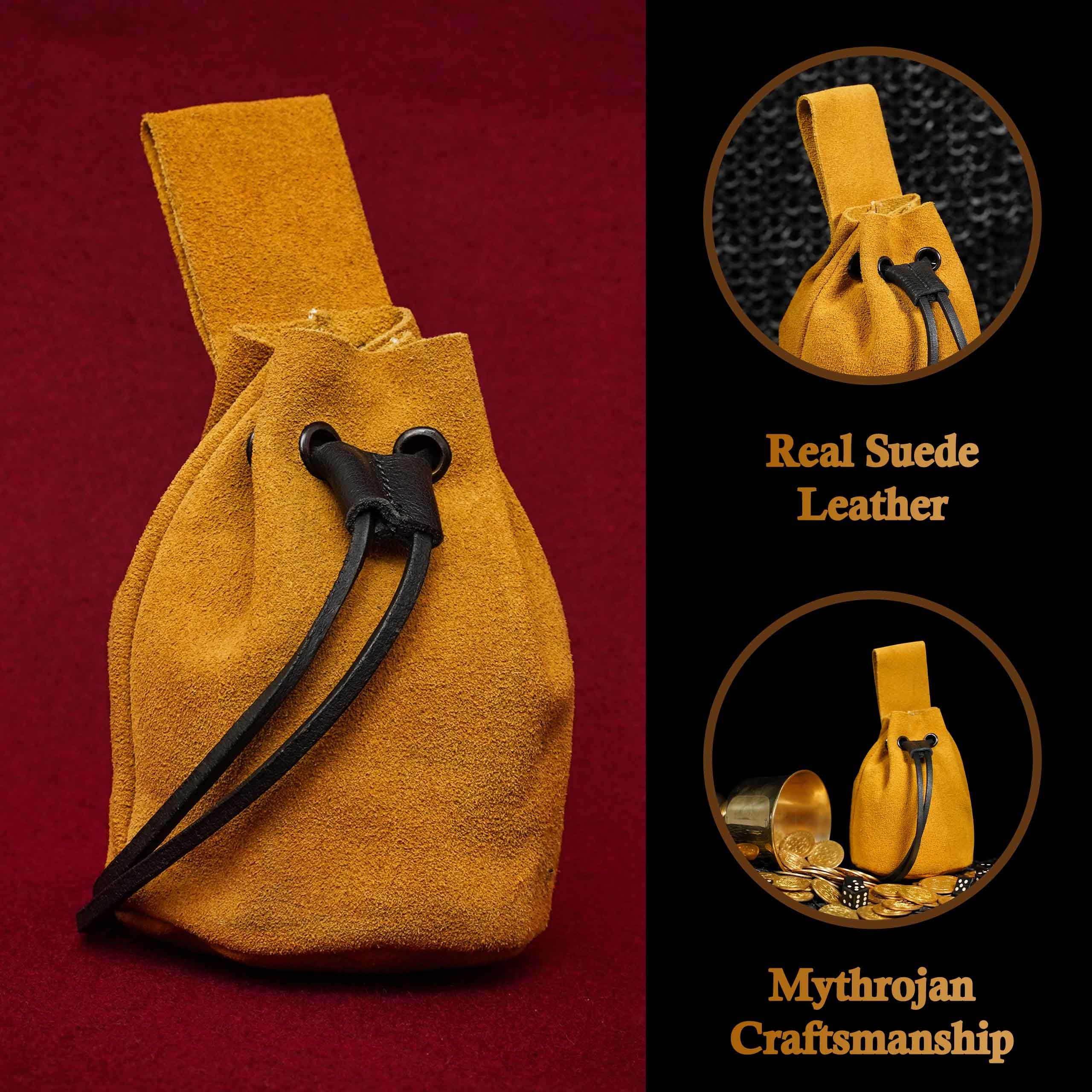 Mythrojan Medieval Drawstring Belt Bag, Ideal for SCA LARP Reenactment &amp; Ren fair , Suede Leather , Gold 6” ×5 ”