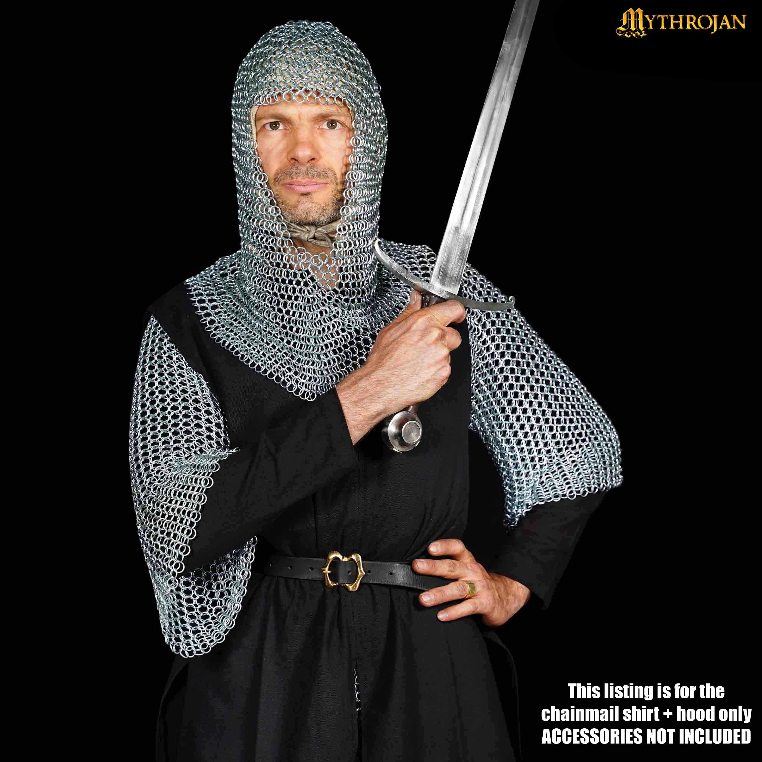 Mythrojan Chainmail Shirt with Coif Medieval Knight Armor Costume – Zi