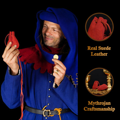 Mythrojan Pair of Medieval Drawstring Pouches, Ideal for SCA LARP Reenactment &amp; Ren fair - Suede Leather, Red