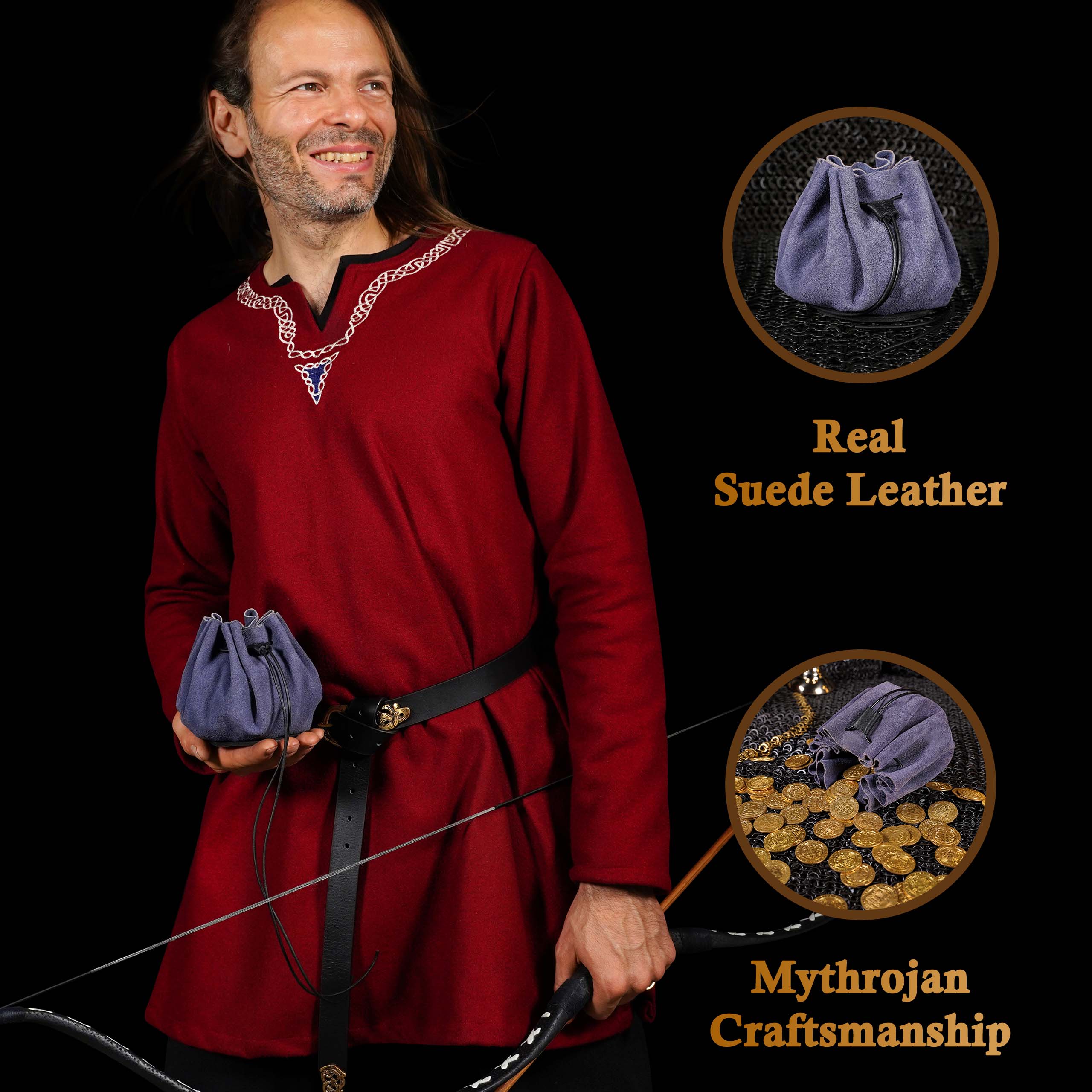 Mythrojan “ Gold and Dice ” Medieval Drawstring Bag, Ideal for SCA LARP Reenactment &amp; Ren fair - Suede Leather Pouch, Blue 3.5”