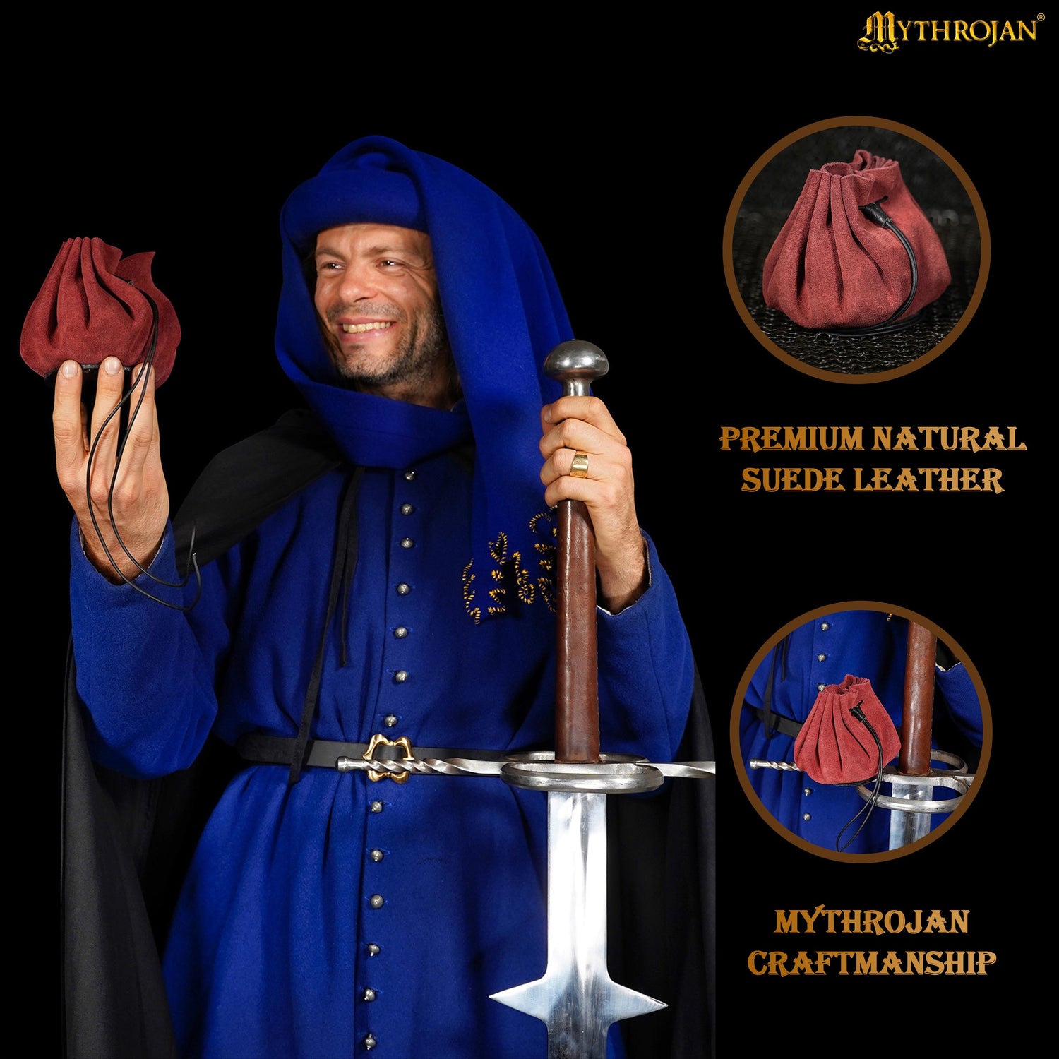 Mythrojan “ Gold and Dice ” Medieval Drawstring Bag, Ideal for SCA LARP Reenactment &amp; Ren fair - Suede Leather Pouch, Wine Red 3.5&quot;