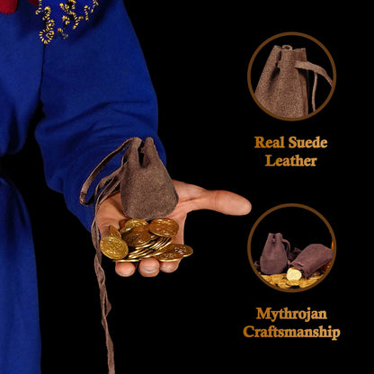 Mythrojan Pair of Medieval Drawstring Pouches, Ideal for SCA LARP reenactment &amp; Ren fair-Suede Leather, Chocolate Brown