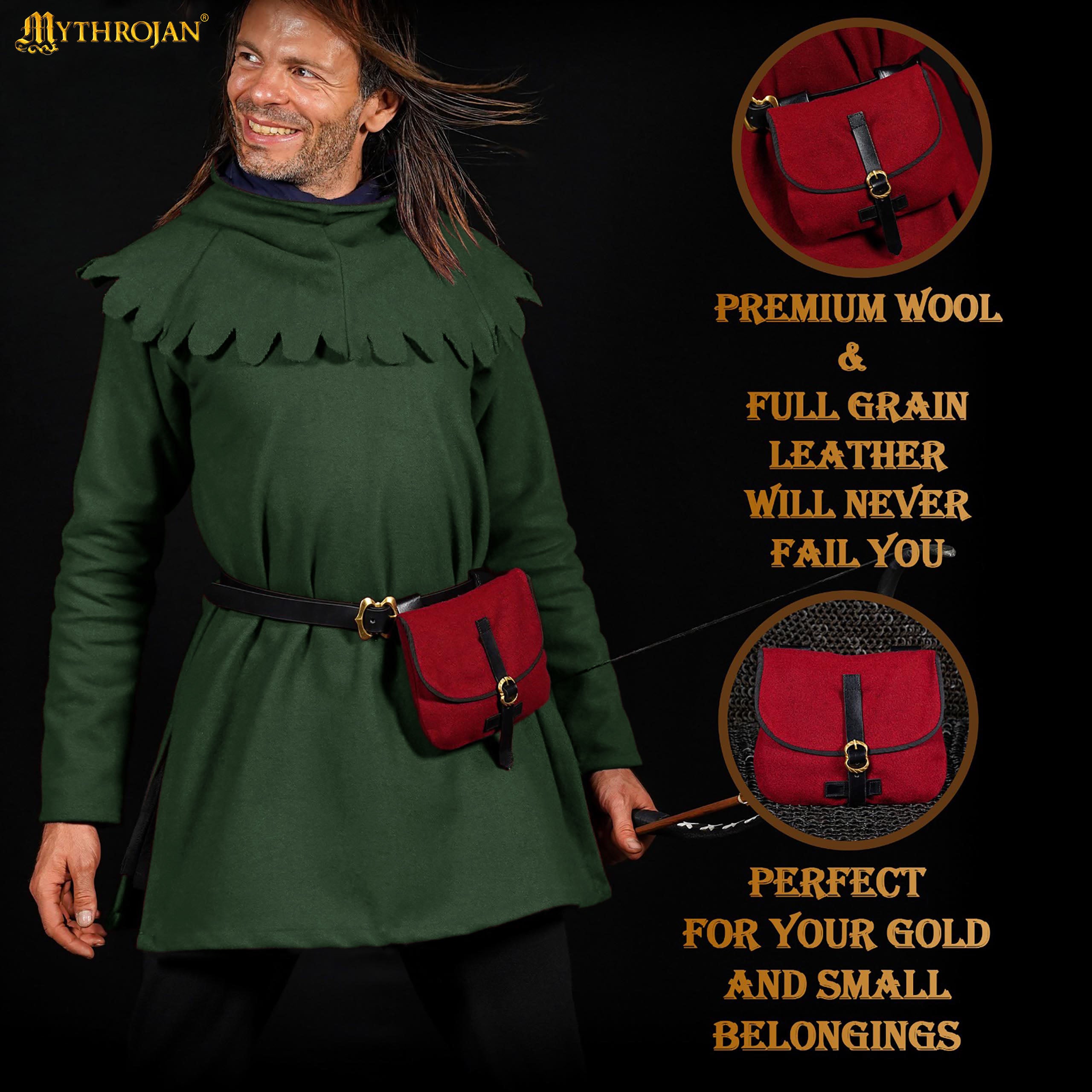 Mythrojan Late Medieval Belt Bag, Ideal for SCA LARP Reenactment &amp; Ren fair, Full Grain Leather and Wool , Maroon , 6.2 ”× 7&quot;