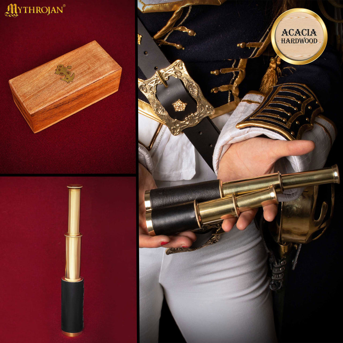 Mythrojan Mini Pirate Spyglass Telescope Brass Colapsable Hand Telescope with Wooden Box Small Vintage Telescope Pirate Decore Brass Decorative Telescope 9&