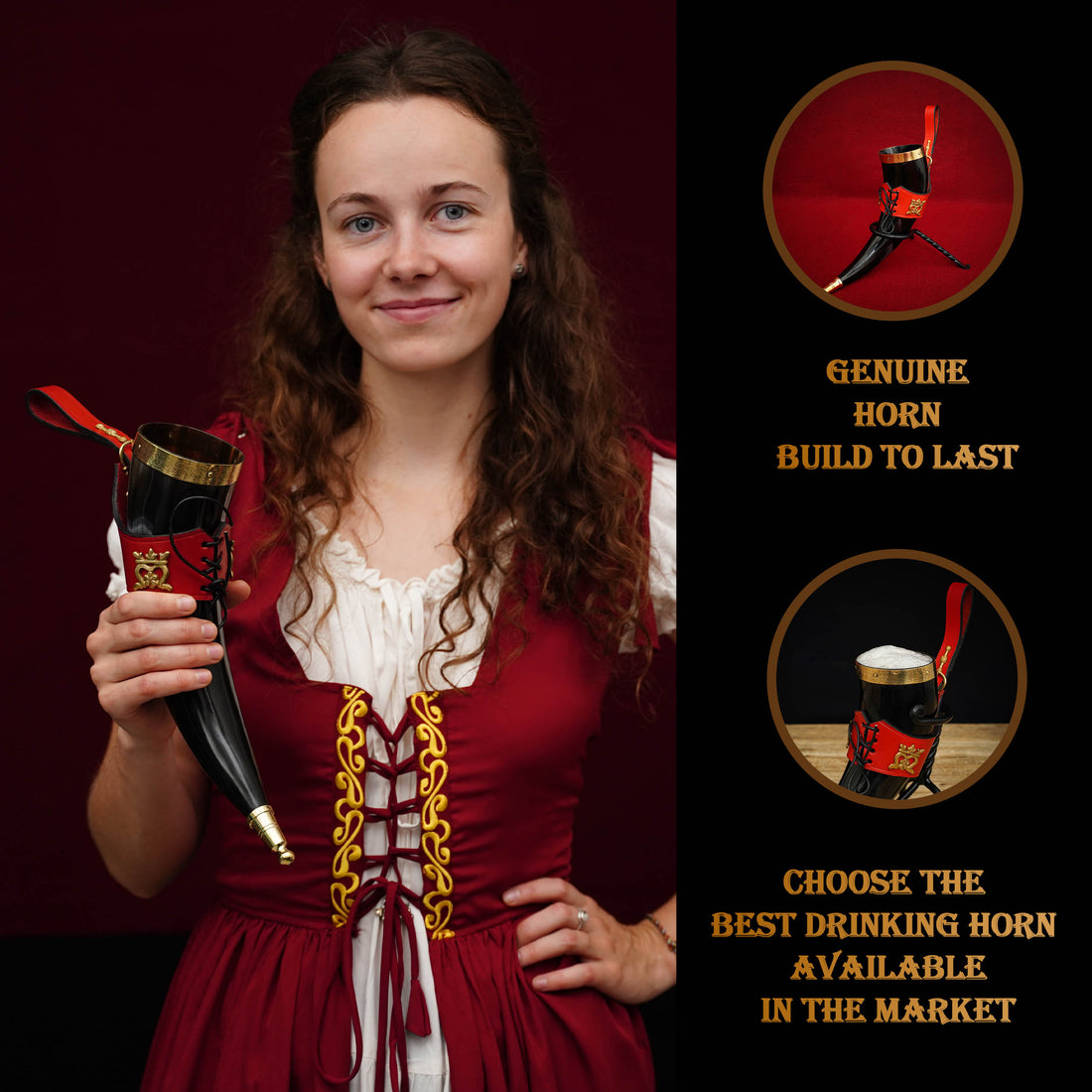 Mythrojan THE ELEGANT LADY Viking Drinking Horn with Red Leather holder Authentic Medieval Inspired Viking Wine/Mead Mug - Polished Finish - 350ML