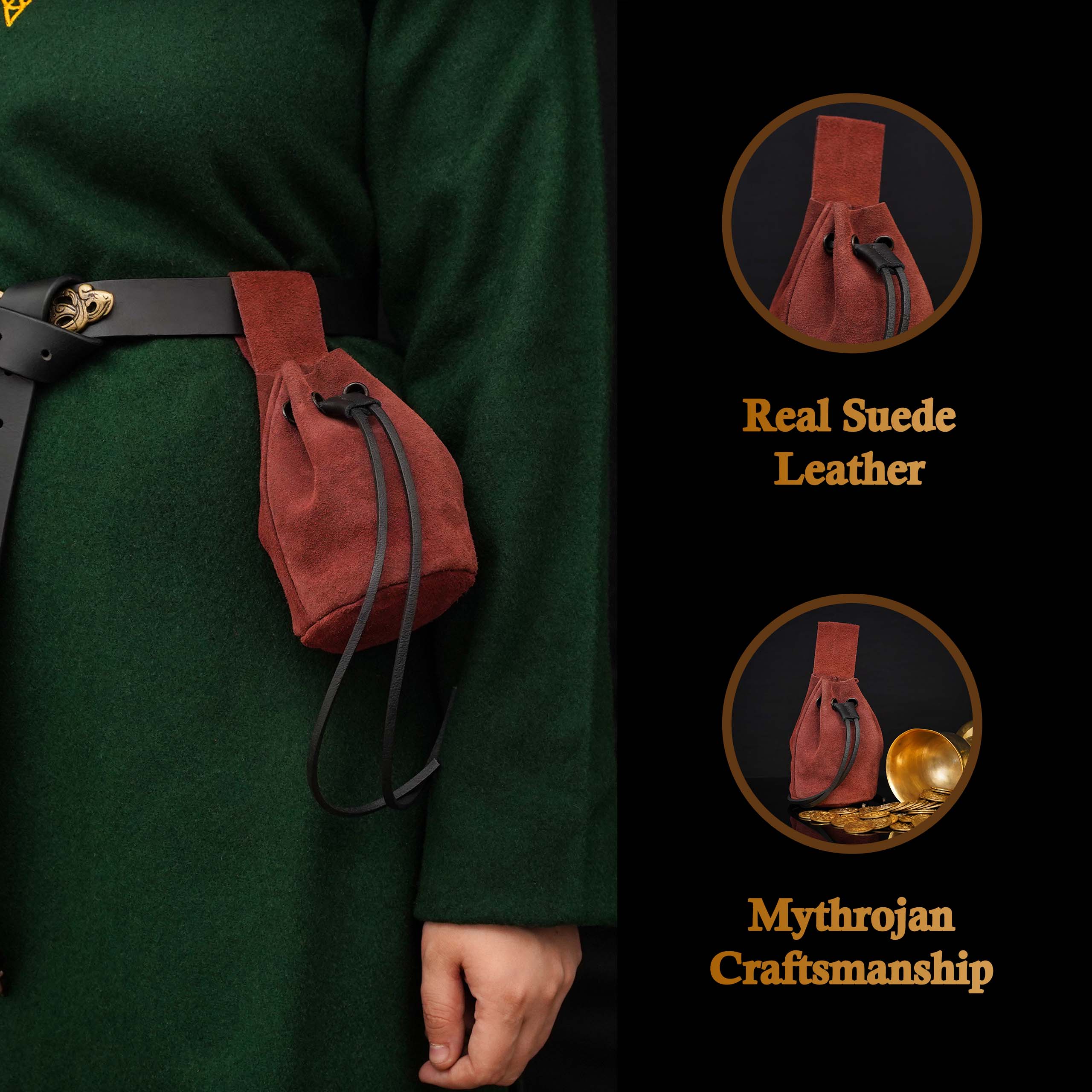 Mythrojan Medieval Drawstring Belt Bag, Ideal for SCA LARP Reenactment &amp; Ren fair , Suede Leather , Burgundy 6” ×5 ”