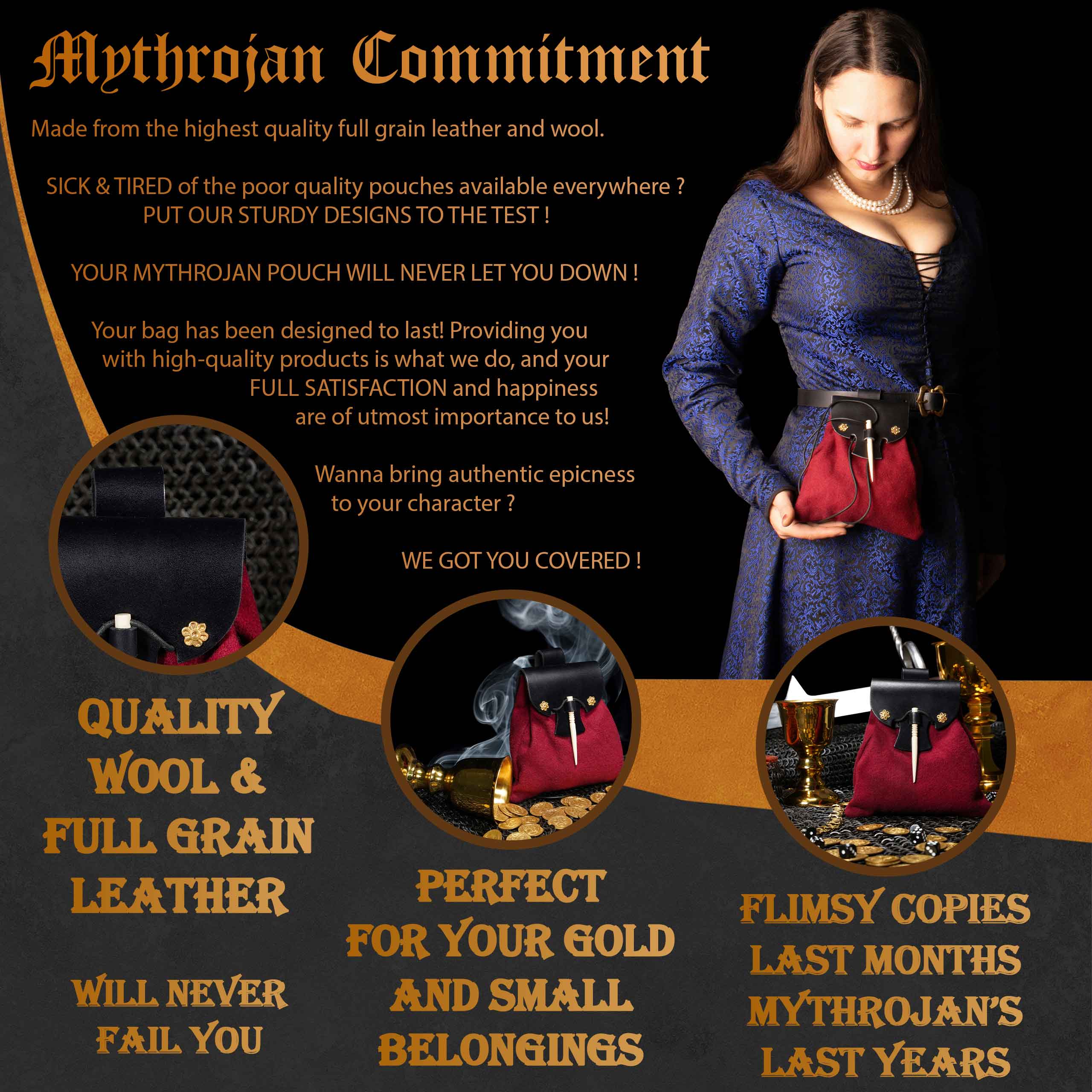 Mythrojan “Gold and Dice” Medieval Fantasy Belt Bag with Bone Needle Closure, Ideal for SCA LARP reenactment &amp; Ren fair, Black and Maroon, 7”×7”