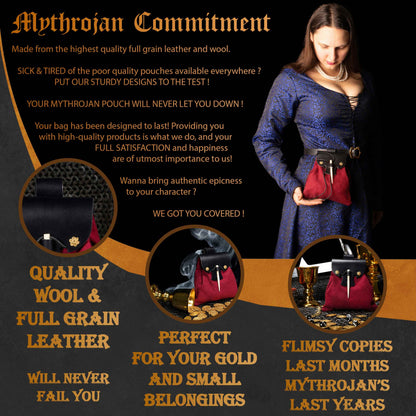 Mythrojan “Gold and Dice” Medieval Fantasy Belt Bag with Bone Needle Closure, Ideal for SCA LARP reenactment &amp; Ren fair, Black and Maroon, 7”×7”