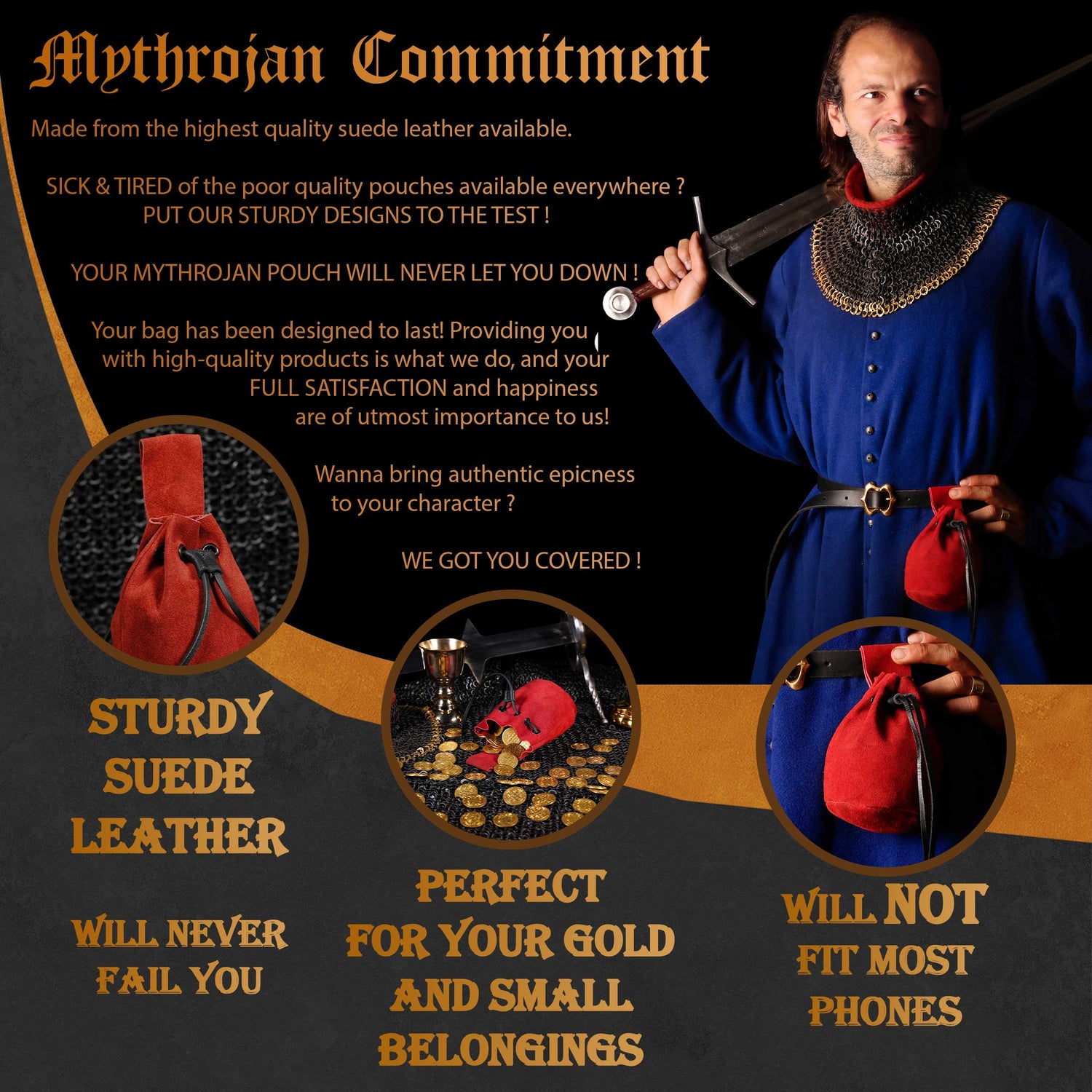 Mythrojan Medieval Drawstring Belt Bag, Ideal for SCA LARP Reenactment &amp; Ren fair , Suede Leather , Cherry 6” ×5 ”