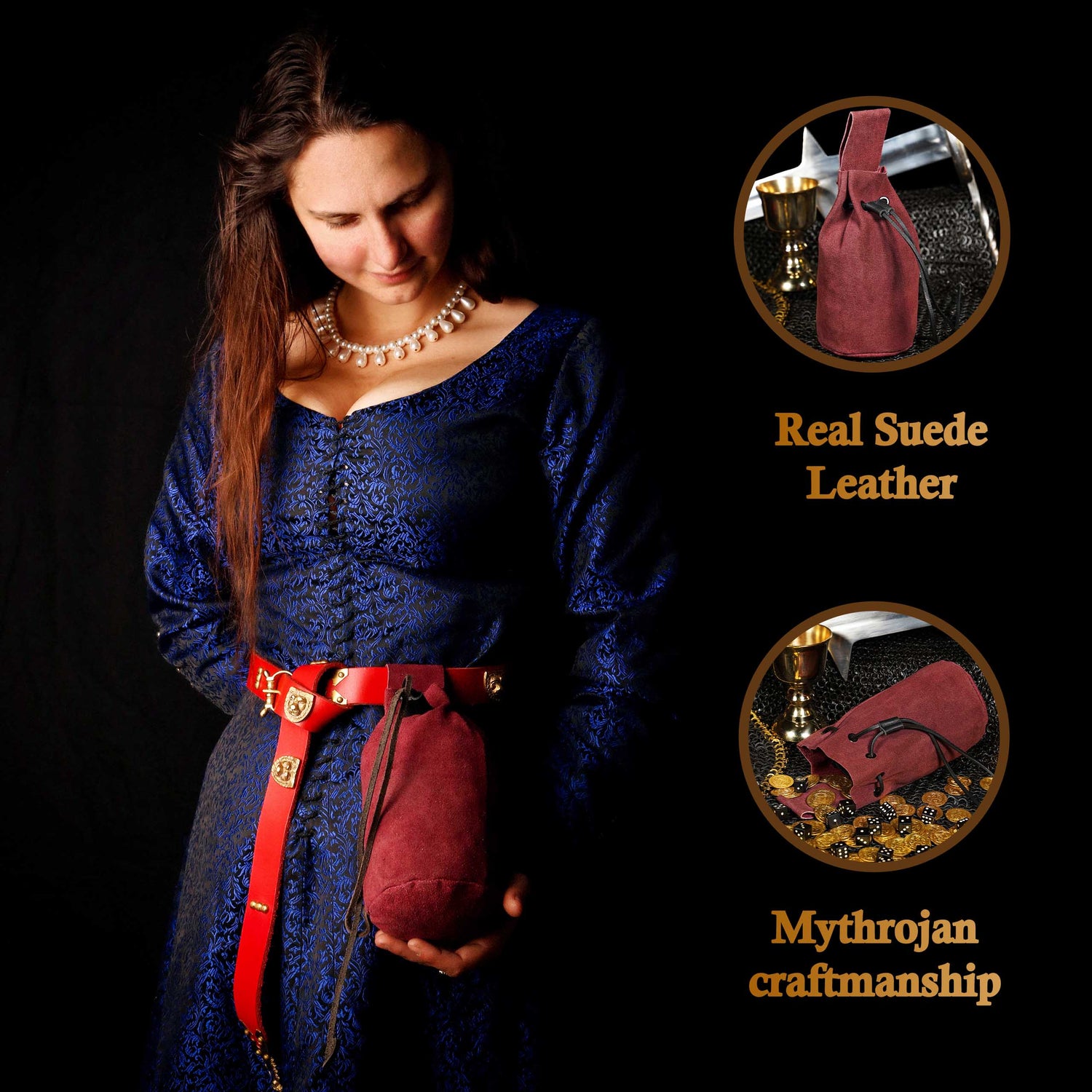 Mythrojan Medieval Drawstring Belt Bag, Ideal for SCA LARP Reenactment &amp; Ren fair , Suede Leather , Wine Red 8” ×6.5 ”