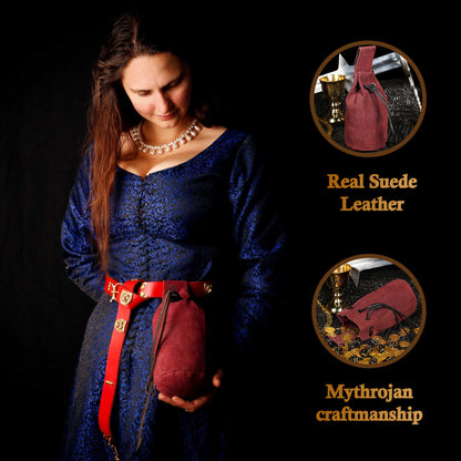 Mythrojan Medieval Drawstring Belt Bag, Ideal for SCA LARP Reenactment &amp; Ren fair , Suede Leather , Wine Red 8” ×6.5 ”