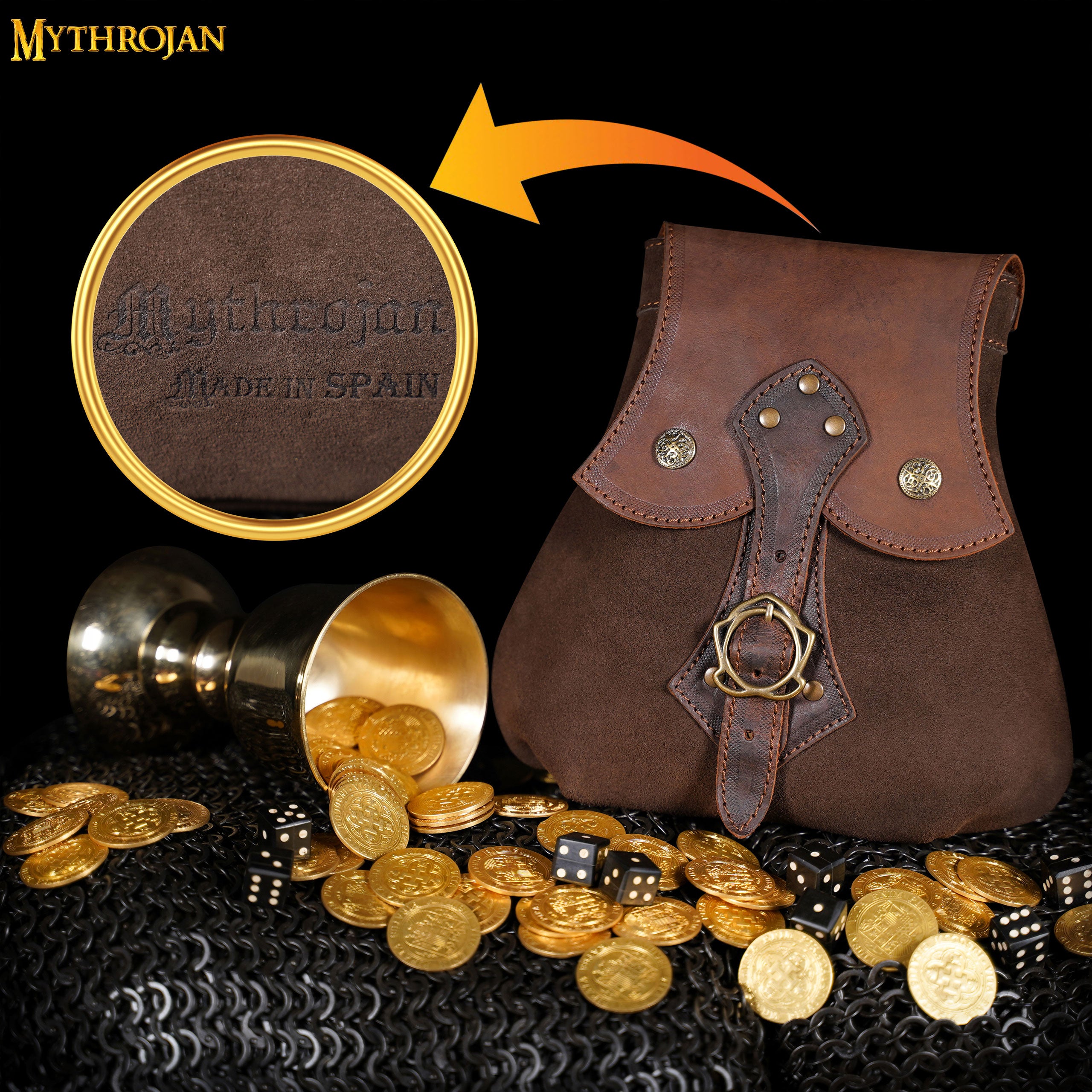 MYTHROJAN “ STALWART WARRIOR ” LEATHER POUCH MADE IN SPAIN for LARP, Medieval SCA Cosplay Brown, 8 ”×8”