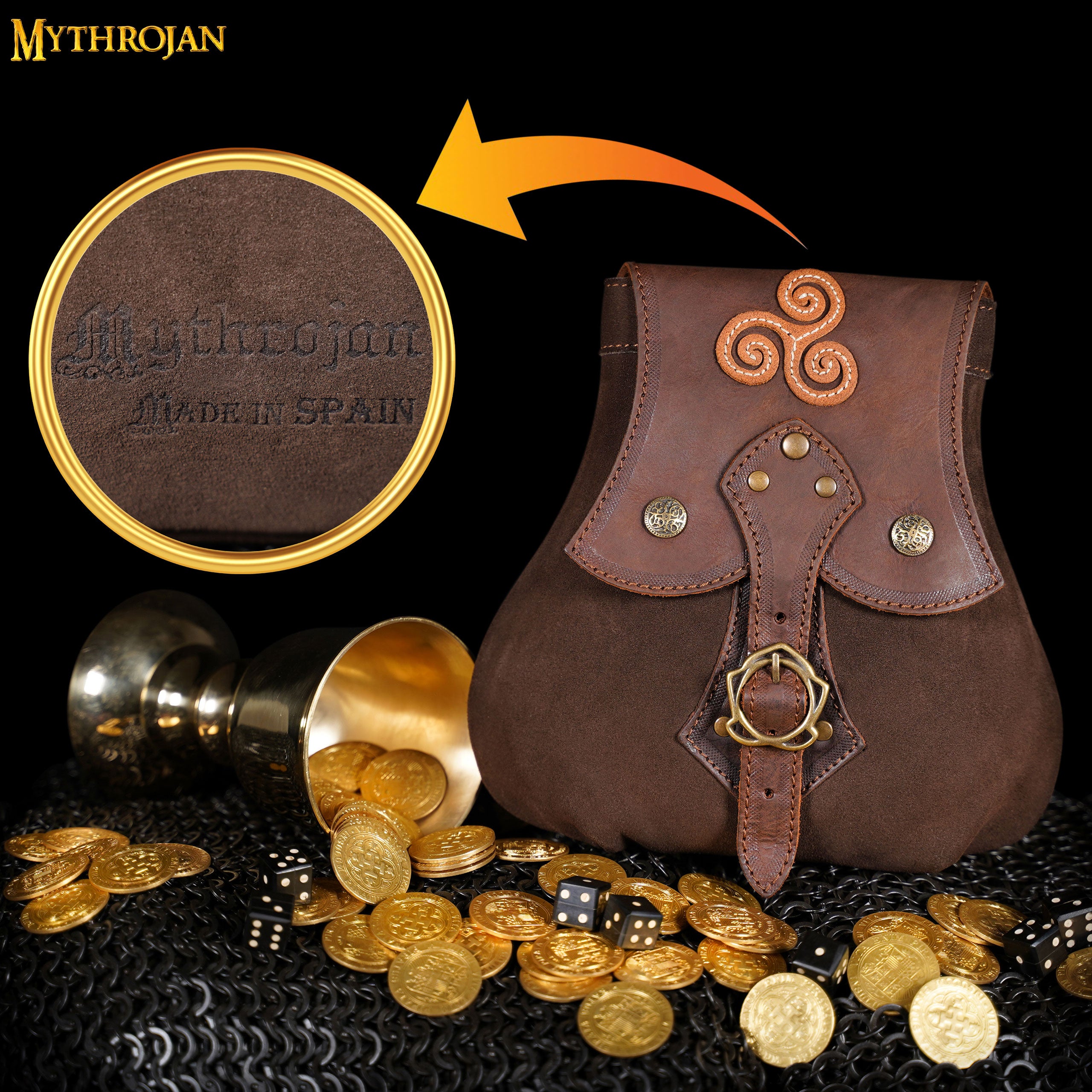 MYTHROJAN “STALWART WARRIOR” LEATHER POUCH MADE IN SPAIN for LARP, Medieval SCA Cosplay Brown, 8”×8”