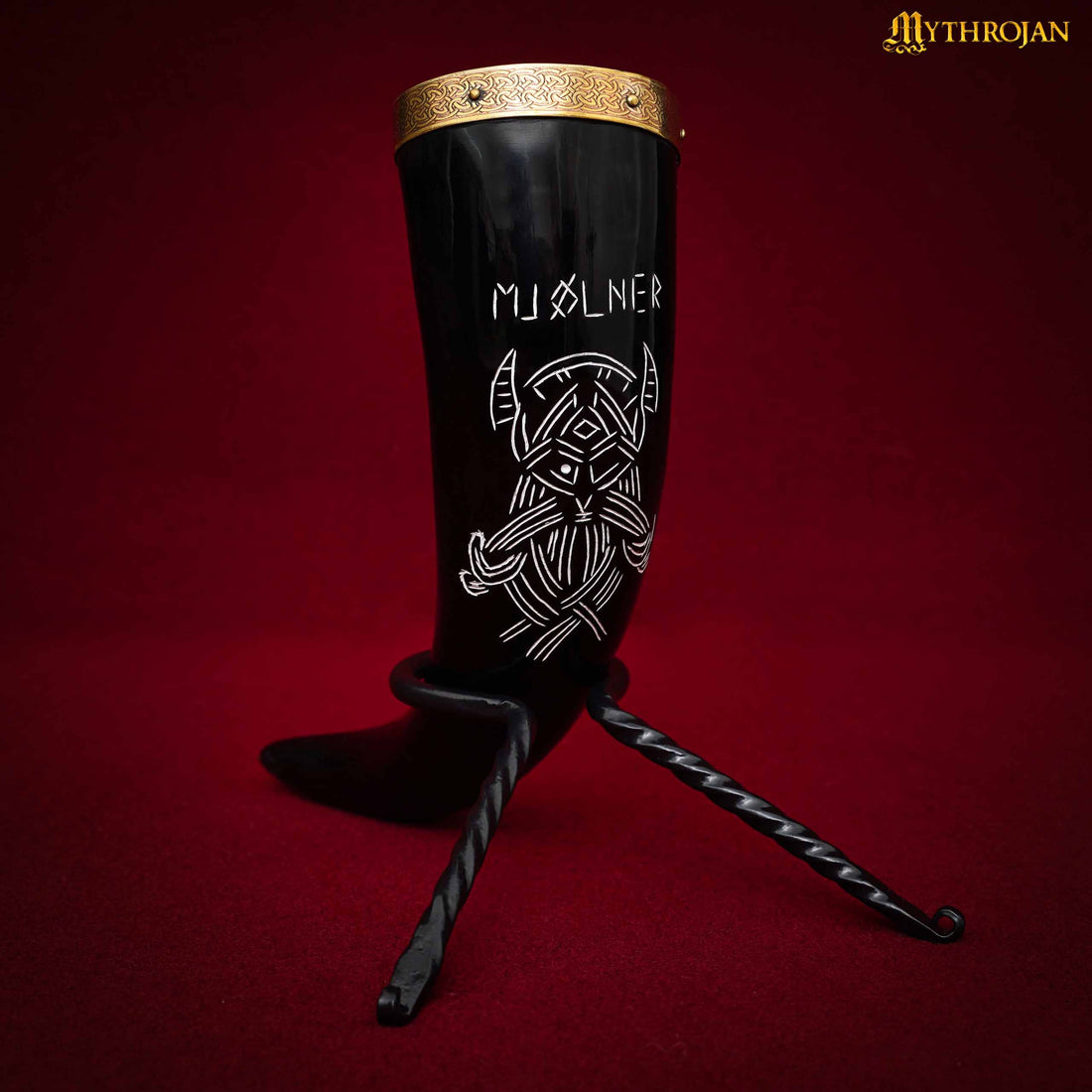 Mythrojan Viking Drinking Horn With Brass Rim &amp; Tip Authentic Medieval Inspired Wine/Mead 400 ML - Polished Finish