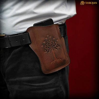 Mythrojan The Tree of Gondor/Numenor Phone Case Genuine Leather Belt Pouch for Mobile Phones, Full Grain Leather, Brown, Medium, 6.2”x5.3”