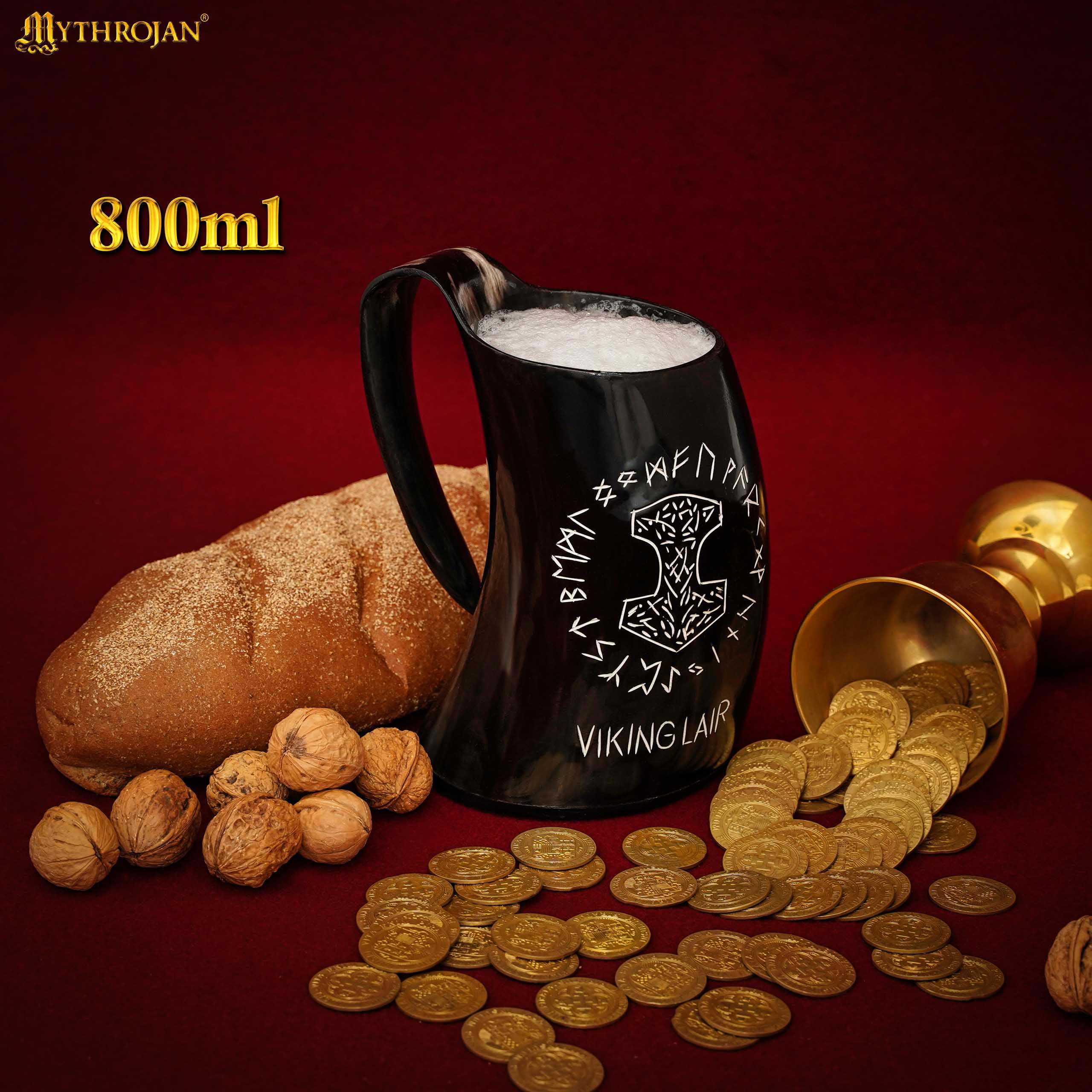 Mythrojan Viking Drinking Tankard with Medieval Buckle Leather Strap Wine Beer Mead Mug - Polished Finish - Viking Liar