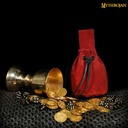 Mythrojan Medieval Drawstring Belt Bag, Ideal for SCA LARP Reenactment &amp; Ren fair , Suede Leather , Cherry 6” ×5 ”