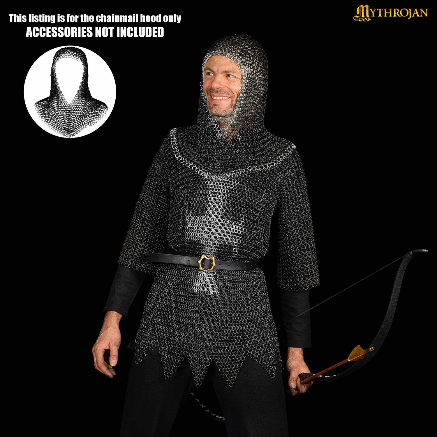 Mythrojan Medieval Chainmail Coif Butted Mild Steel, Medieval SCA Reenactments Medieval Events, Black Finish with Zinc Plated Edges, L