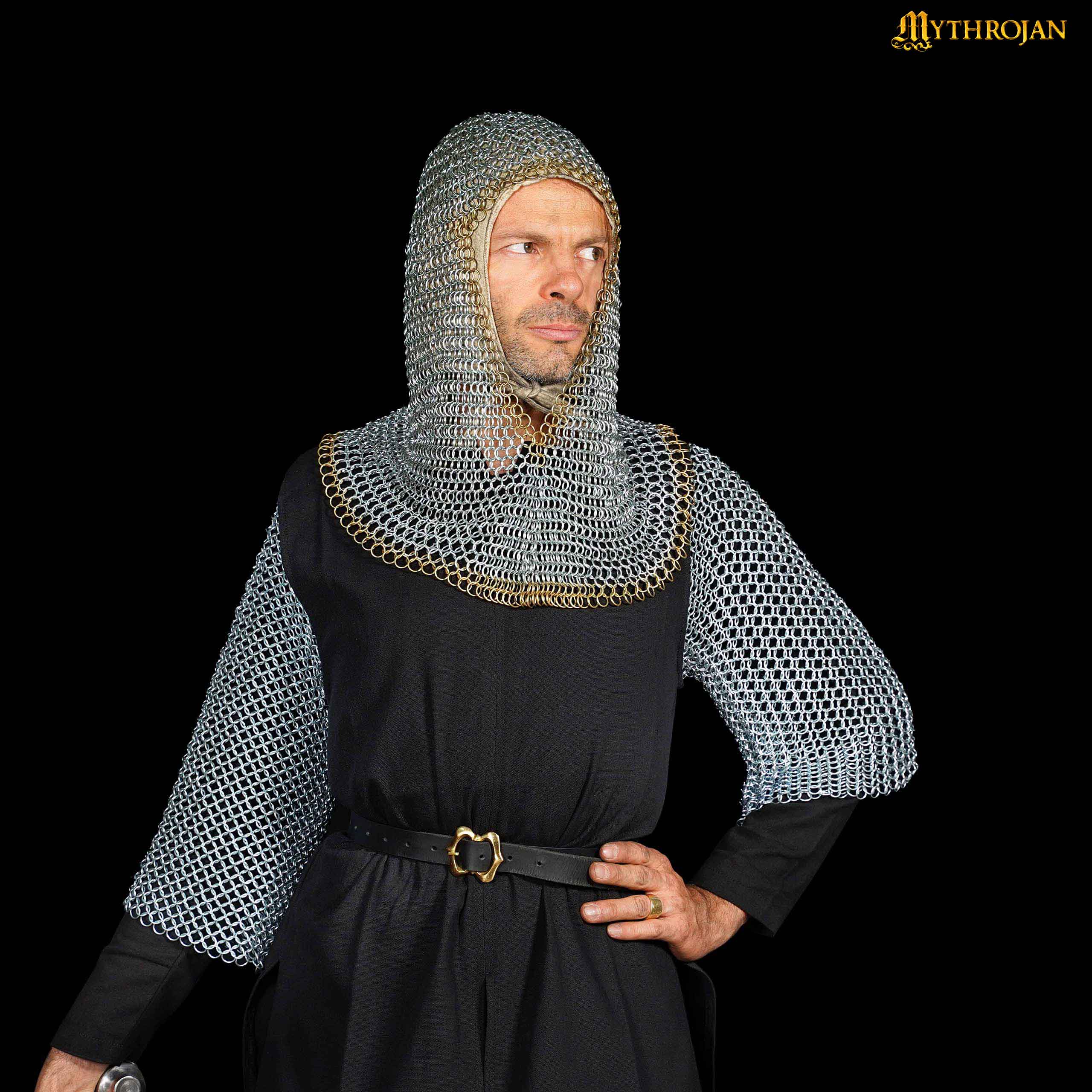 Mythrojan Chainmail Coif Medieval Knight Renaissance Armor Chain Mail Hood Viking LARP 16 Gauge, Men's, Size: Large, Black
