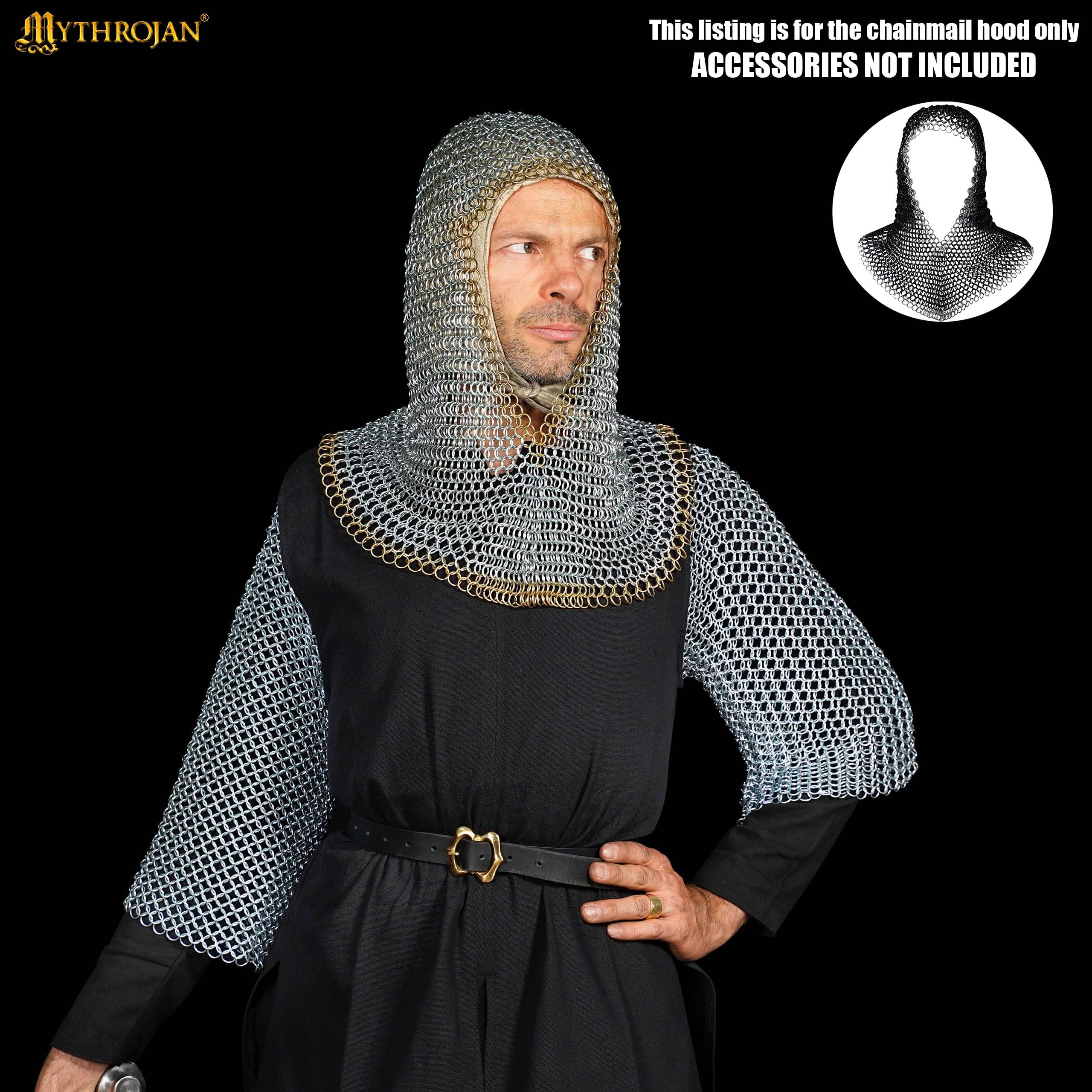 Mythrojan Medieval Chainmail Coif Butted Mild Steel and Solid Brass, Medieval SCA Reenactments Medieval Events, Zinc Plated with Solid Brass Edges, L