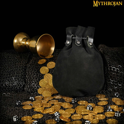 Mythrojan “ Gold and Dice ” Medieval Drawstring Bag, Ideal for SCA LARP Reenactment &amp; Ren fair Suede Leather Pouch, Black 9.2” ×7.2 ”