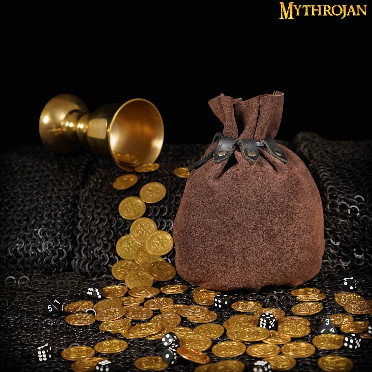 Mythrojan “ Gold and Dice ” Medieval Drawstring Bag, Ideal for SCA LARP Reenactment &amp; Ren fair Suede Leather Pouch, Chocolate Brown 9.2” ×7.2 ”