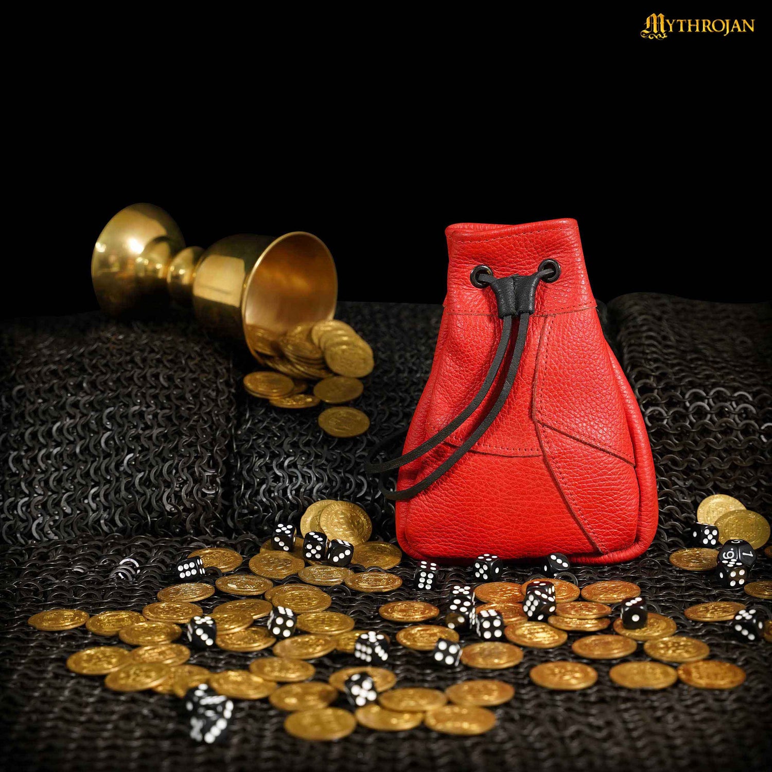 Mythrojan Medieval Drawstring Bag, Ideal for SCA LARP Reenactment &amp; Ren fair - Full Grain Leather, Red 7 ” ×5 ”