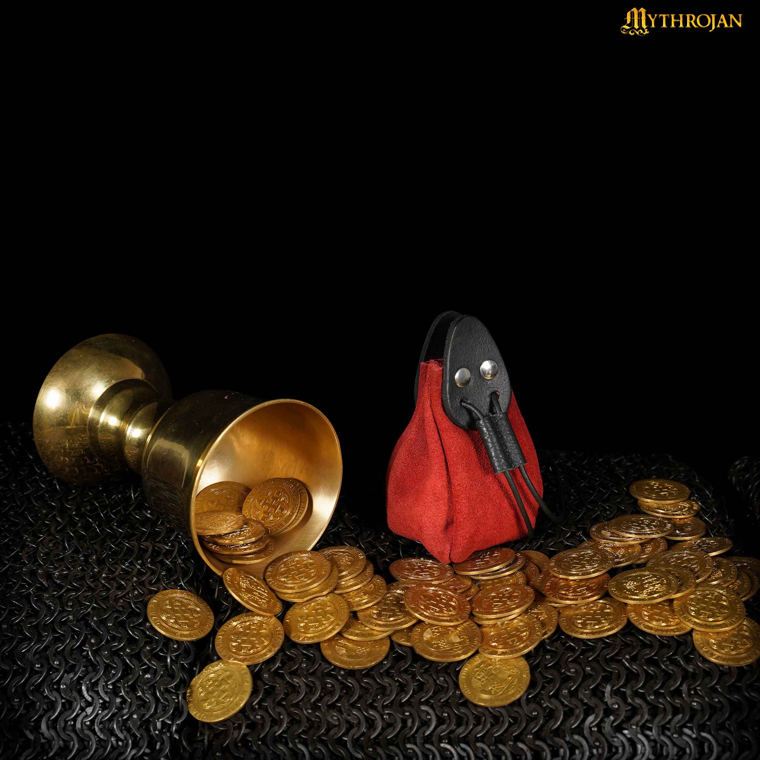 Mythrojan “Gold and Dice” Drawstring Pouch, Ideal for SCA LARP Reenactment &amp; Ren fair - Suede Leather Pouch, Black and Red , 4