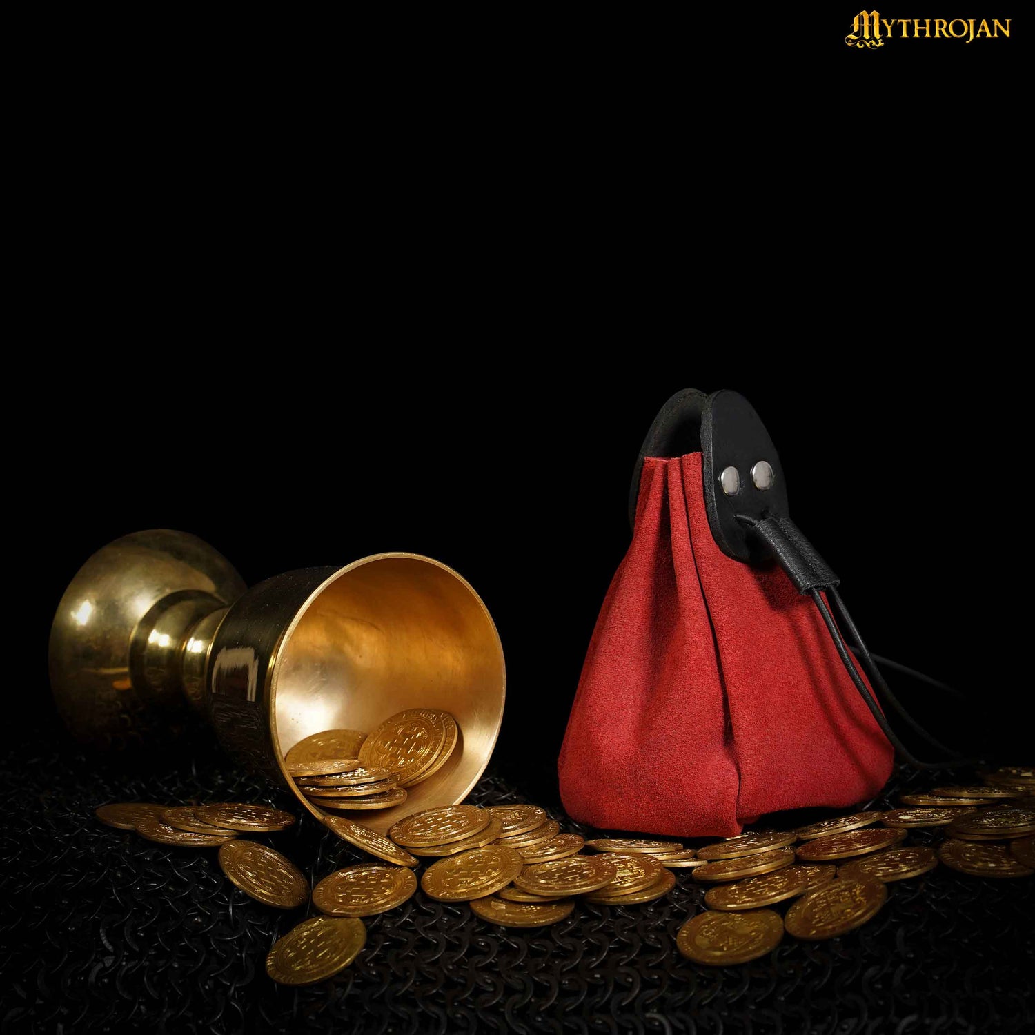 Mythrojan “Gold and Dice” Drawstring Pouch, Ideal for SCA LARP Reenactment &amp; Ren fair - Suede Leather Pouch, Black and Red , 6 ”