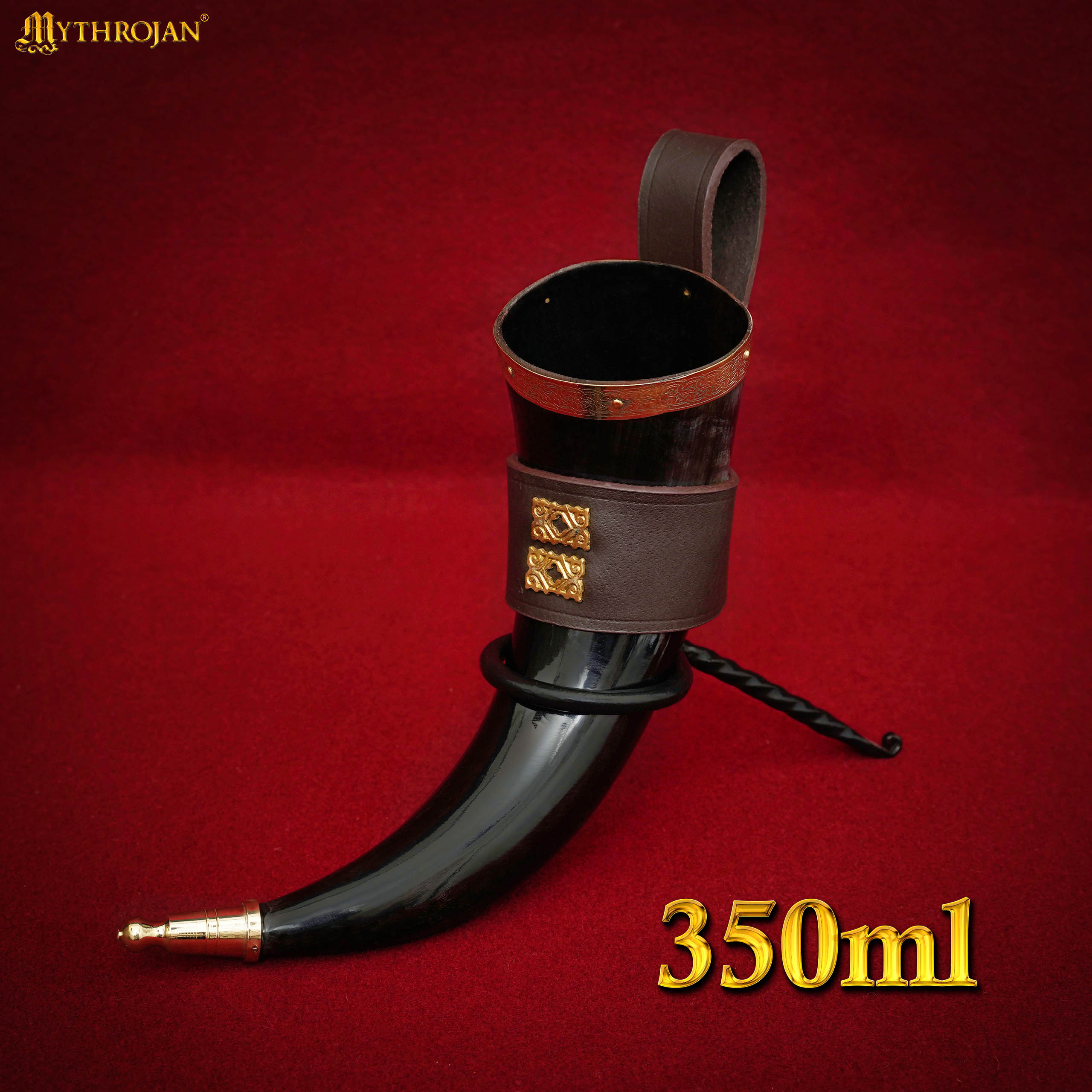 Mythrojan THE WEALTHY MERCHANT - Viking Drinking Horn with Leather Holder Authentic Medieval Inspired Viking Wine/Mead Mug - Polished Finish - 350 ML / Brown