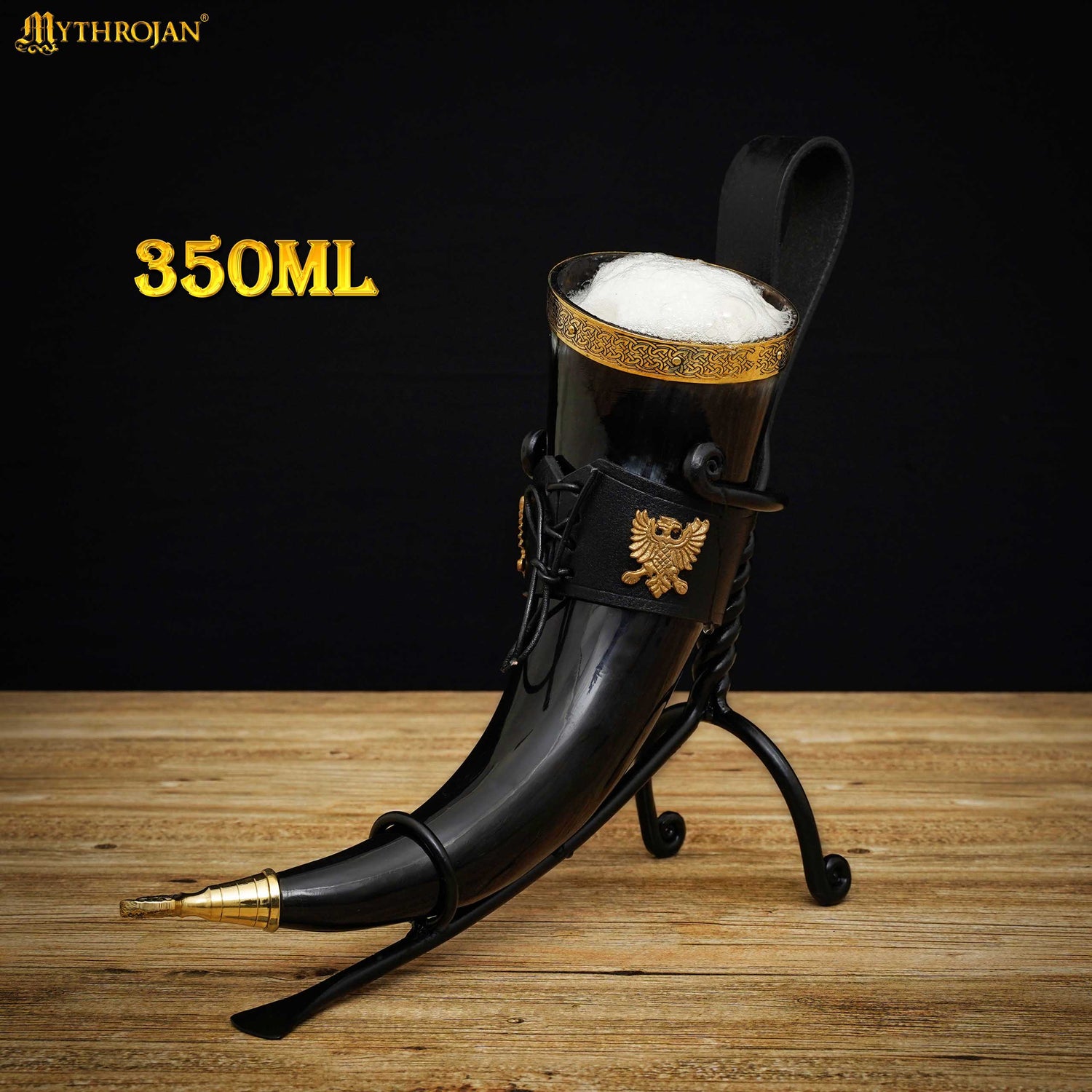 Mythrojan The Bird of Prey Viking Drinking Horn with Black Leather Holder Authentic Medieval Inspired Viking Wine/Mead Mug - Polished Finish