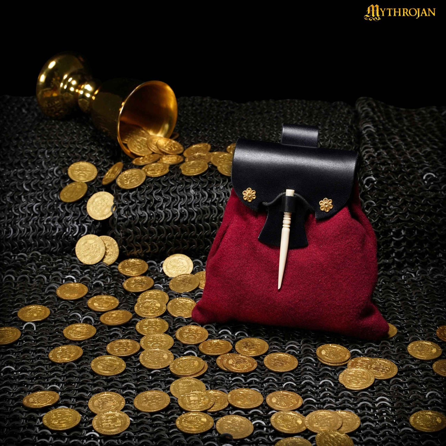 Mythrojan “Gold and Dice” Medieval Fantasy Belt Bag with Bone Needle Closure, Ideal for SCA LARP reenactment &amp; Ren fair, Black and Maroon, 7”×7”