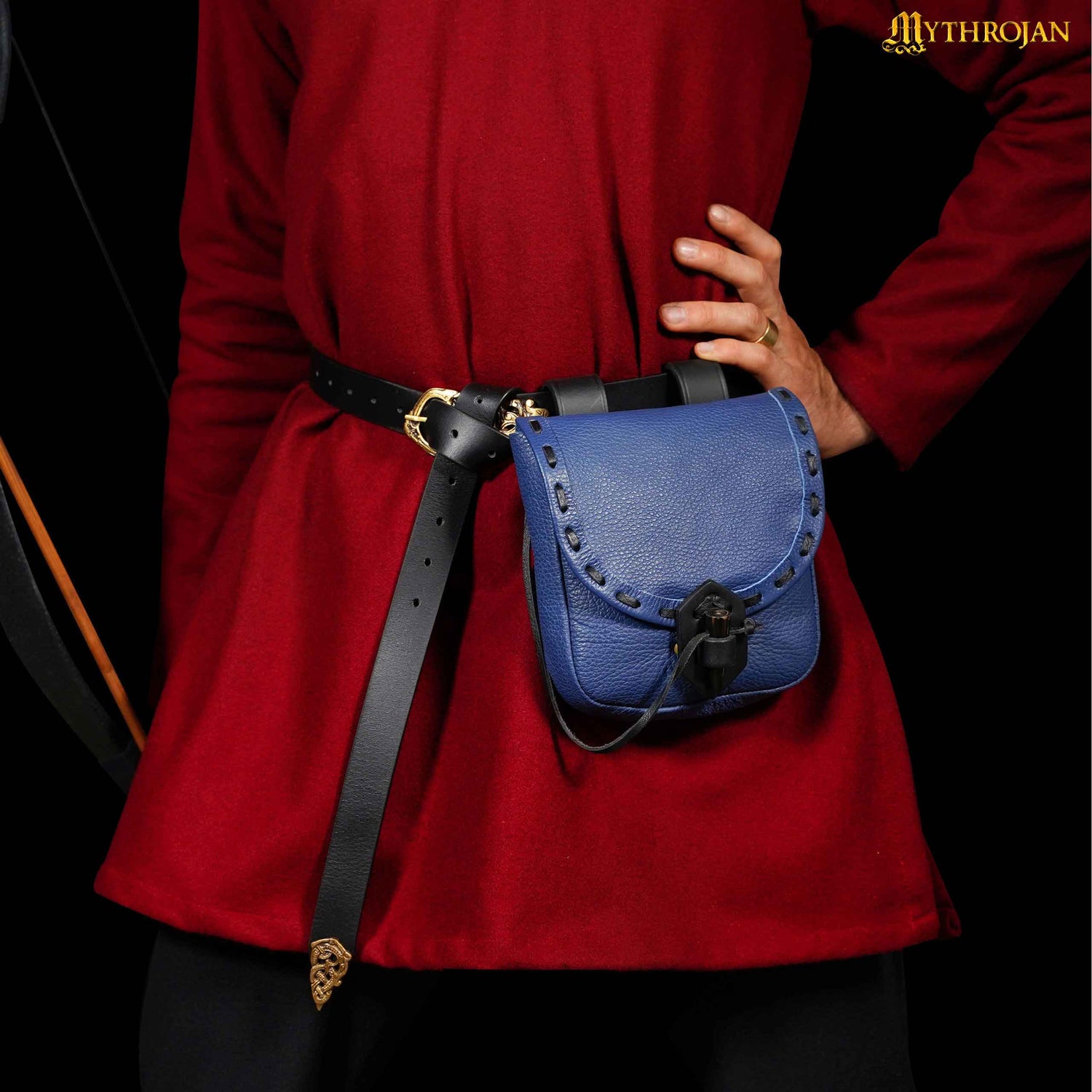 Mythrojan “The Adventurer’s” Belt Bag with Horn Toggle, Ideal for SCA LARP Reenactment &amp; Ren fair, Full Grain Leather, Blue, 8”x 7”