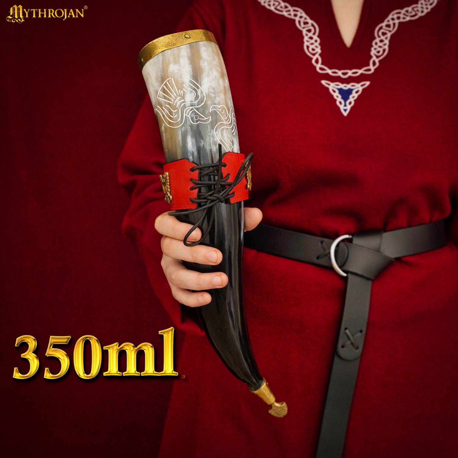 Mythrojan The Bird of Prey Viking Drinking Horn with Red Leather Holder Authentic Medieval Inspired Viking Wine/Mead Mug - Polished Finish