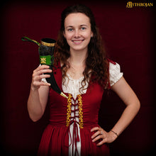 mythrojan-the-elegant-lady-viking-drinking-horn-with-green-leather-holder-authentic-medieval-inspired-viking-wine-mead-mug-polished-finish-350ml