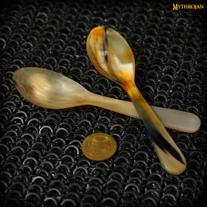 Mythrojan Handcrafted “Medium” size GENUINE HORN SPOONS Set of 4, Ideal for Viking Events Medieval Weddings Cosplay LARP SCA, 6.5 Inches