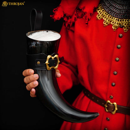 Mythrojan THE LOYAL SOLDIER - Viking Drinking Horn with Black Leather holder Authentic Medieval Inspired Viking Wine/Mead Mug - Polished Finish - 600ML