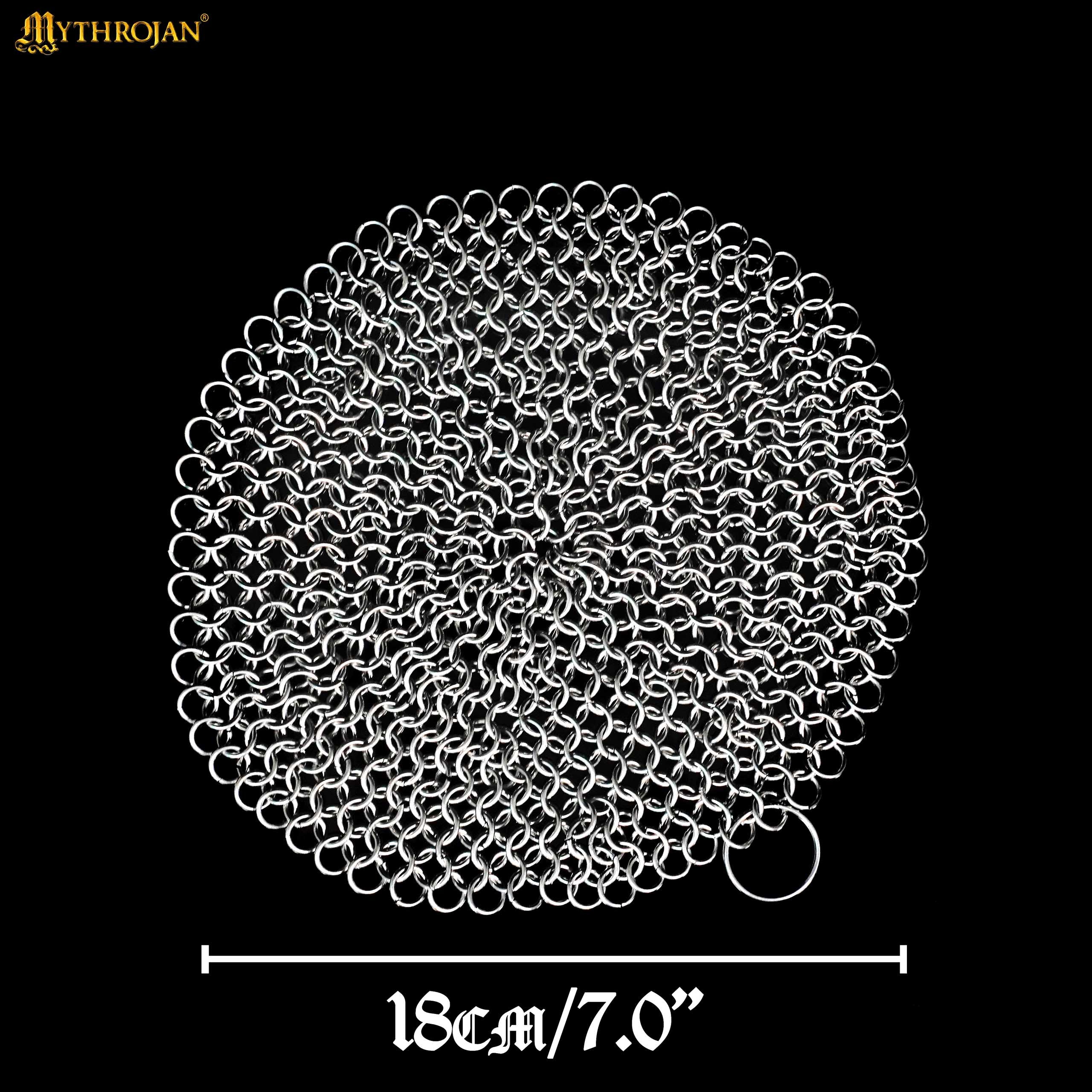 Mythrojan Chainmail Round Stainless Steel Scrubber, Ideal for Cleaning Cast Iron Skillet, Wok, Cooking Pot, Griddle or Cast Iron Cauldron Maintenance, Diameter: 7”