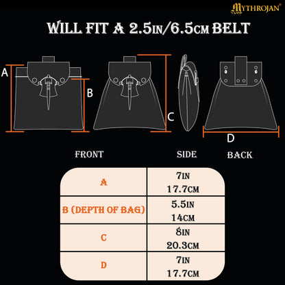 Mythrojan “Gold and Dice” Medieval Fantasy Belt Bag with Bone Needle Closure, Ideal for SCA LARP reenactment &amp; Ren fair, Black and Green, 7”×7”