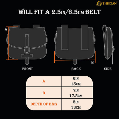 Mythrojan Late Medieval Belt Bag, Ideal for SCA LARP Reenactment &amp; Ren fair, Full Grain Leather and Wool , Green , 6.2 ”× 7 ”