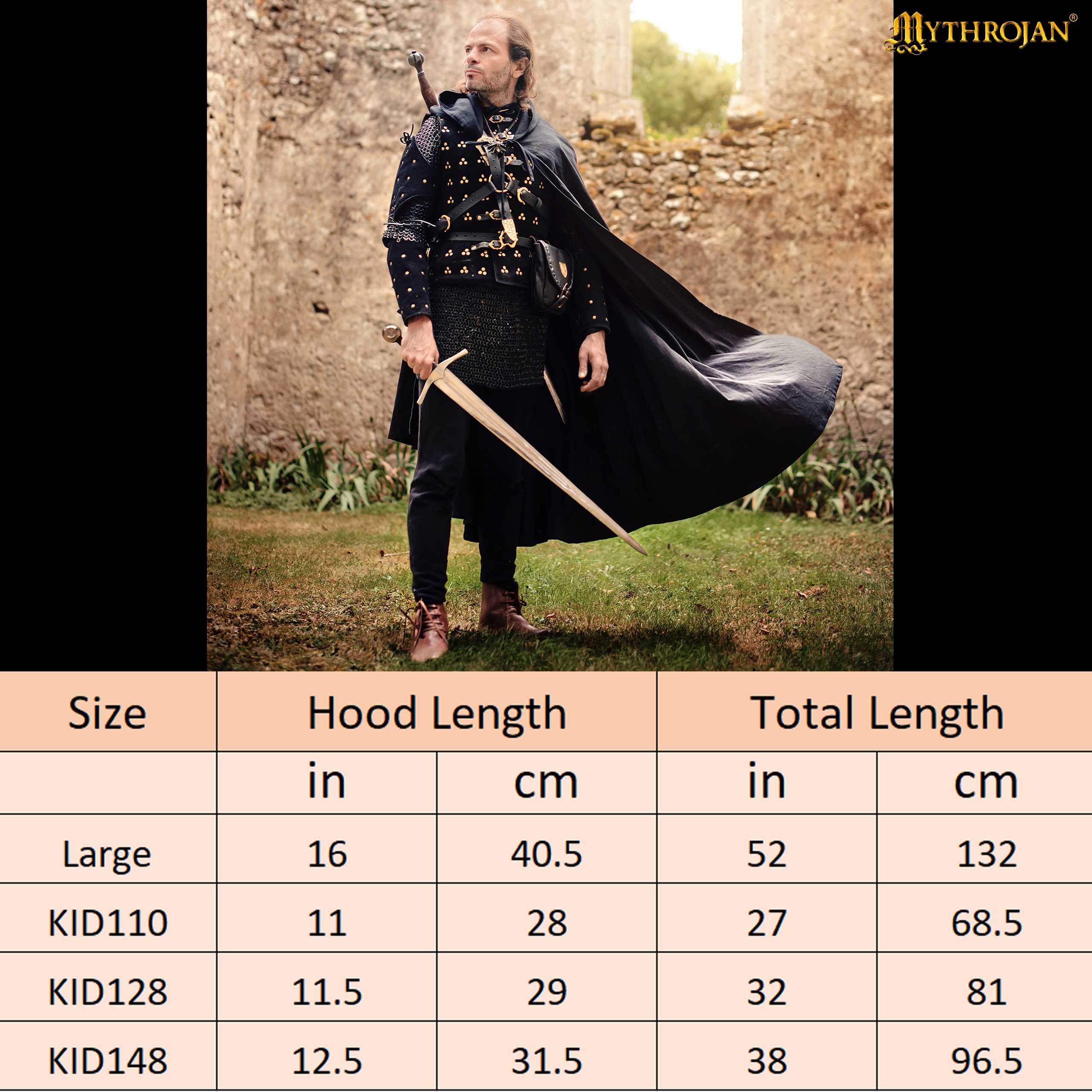 Mythrojan “Adventurer” CANVAS Cloak/Cape 100% cotton Medieval Viking Knight SCA LARP, Black, Large